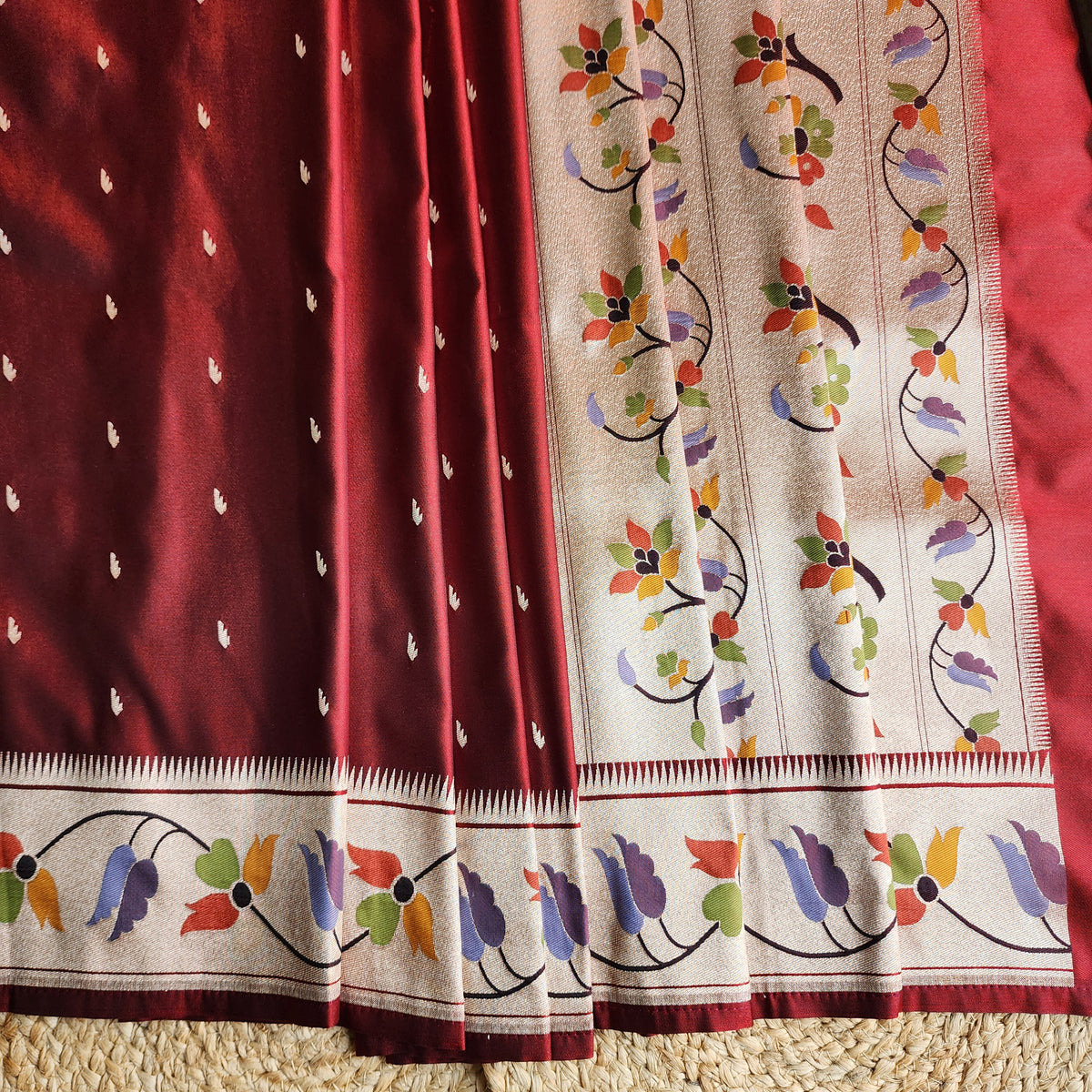 Raahi - Maroon Paithani Silk Saree with Stitched Blouse