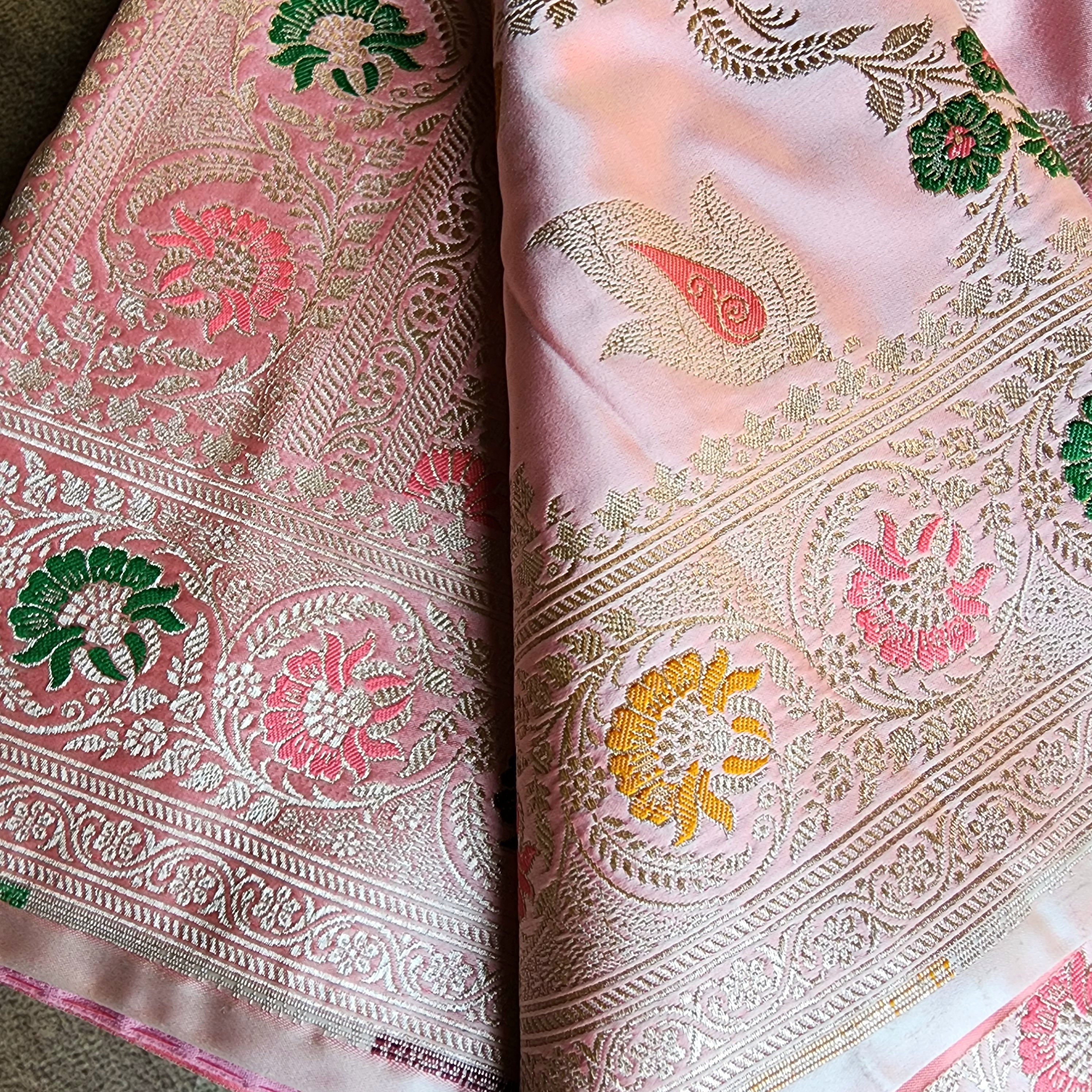 Enriched Blush Pink Banarasi Katan Silk Saree with Multicolor Meenakari Floral Jaal