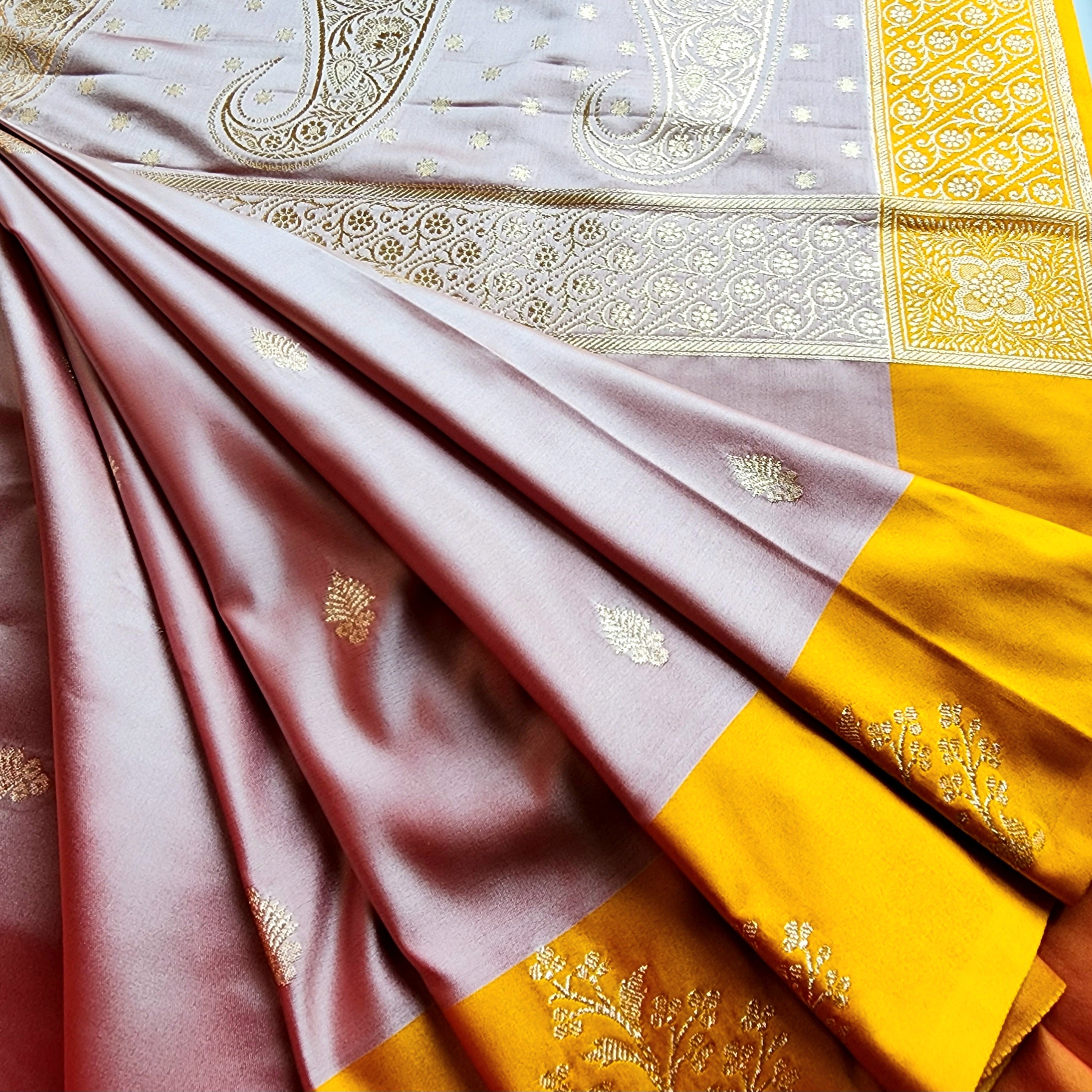 Dusty Rose Katan Silk Saree with Mustard Yellow Gold Zari Border