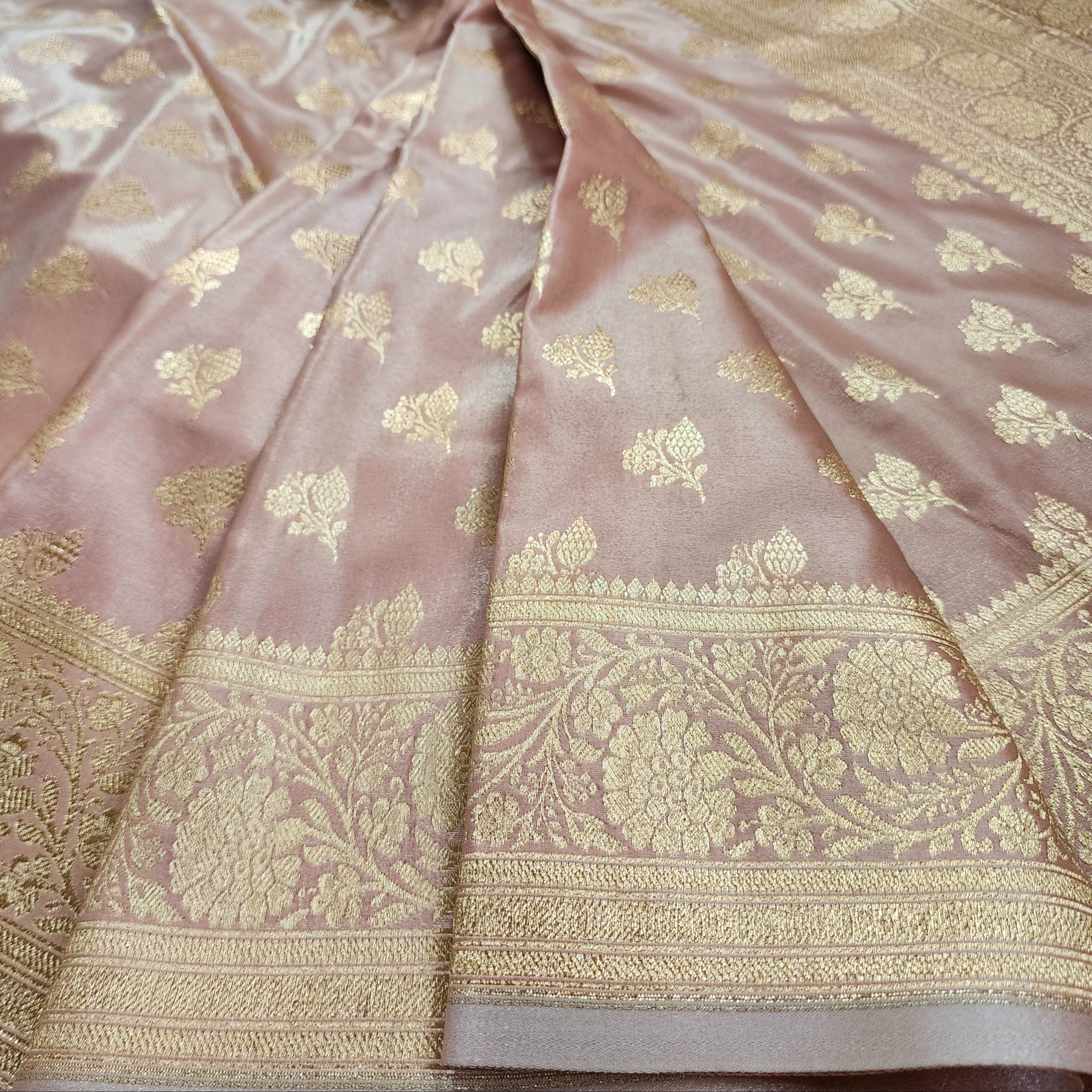 Rich Rose Blush Pink Banarasi Silk Saree with Gold Zari Weaving
