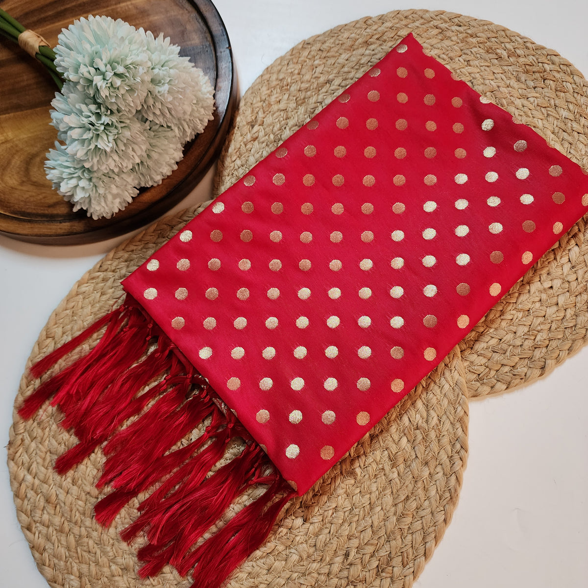 Classic Red Banarasi Silk Dupatta with Gold Polka Dot