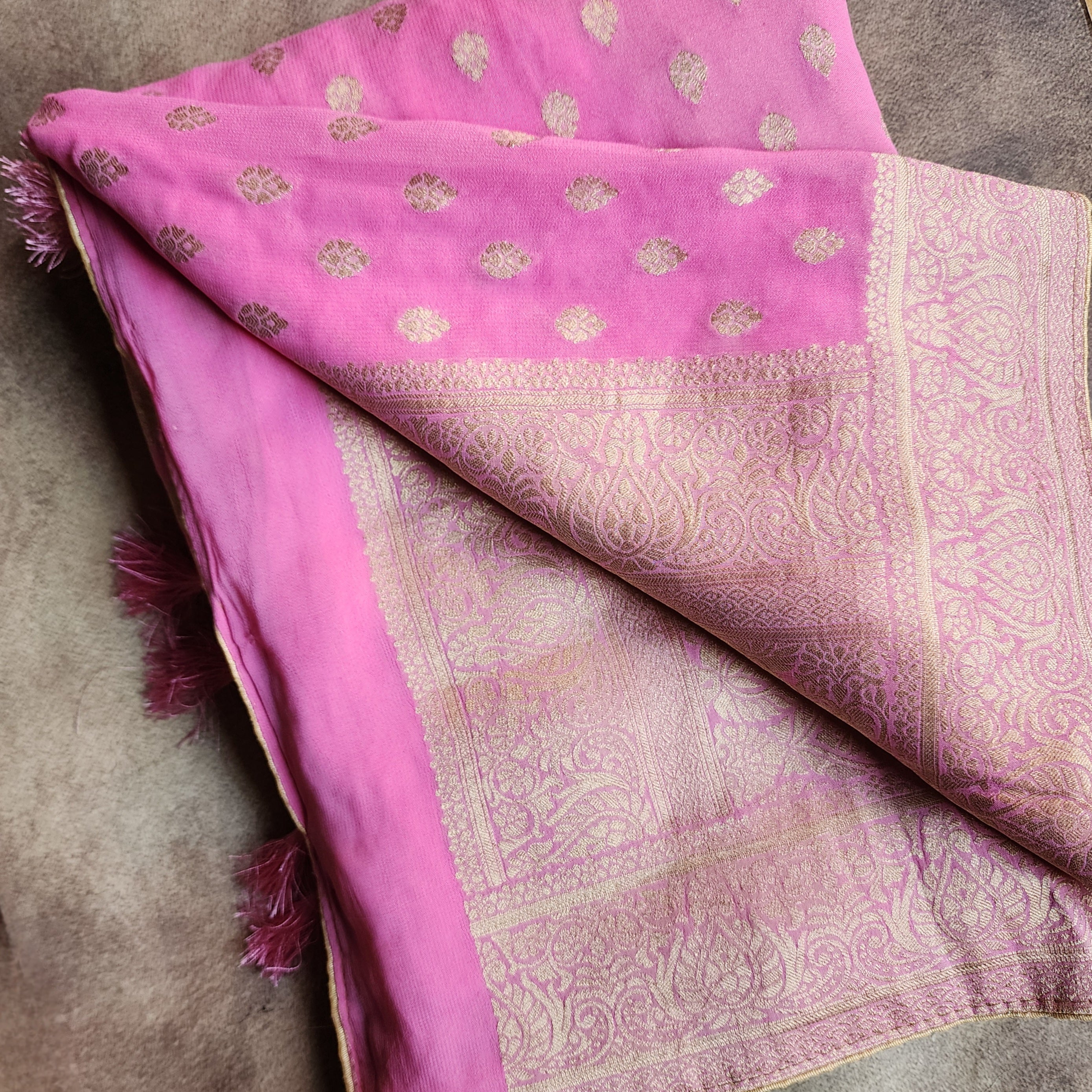 Light Pink Khaddi Georgette Pure Banarasi Saree with Golden Zari