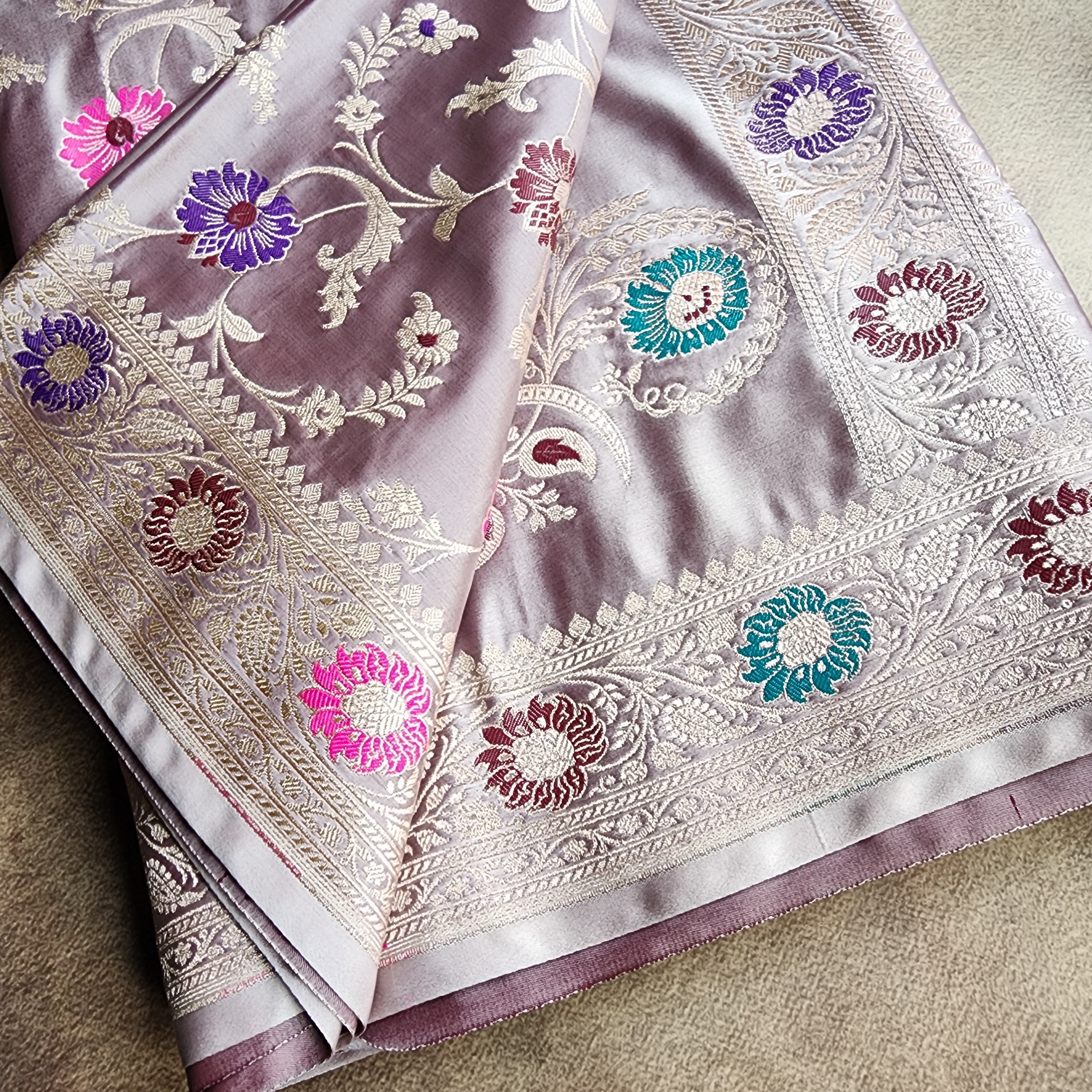 Enriched Banarasi Katan Silk Saree | Lavender Mist Multicolor Meenakari Floral Jaal