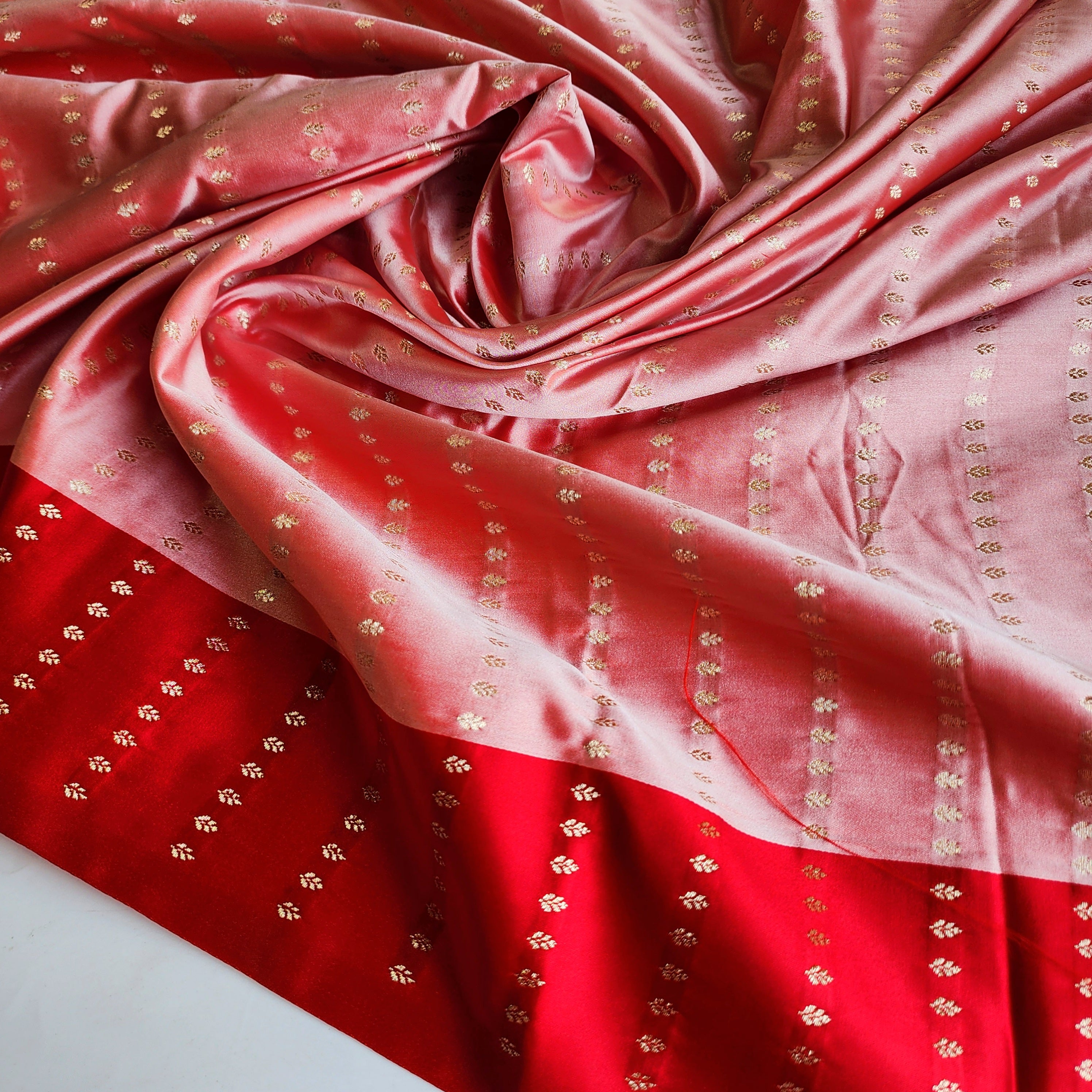 Blush Pink Katan Silk Saree with Red Gold Zari Border