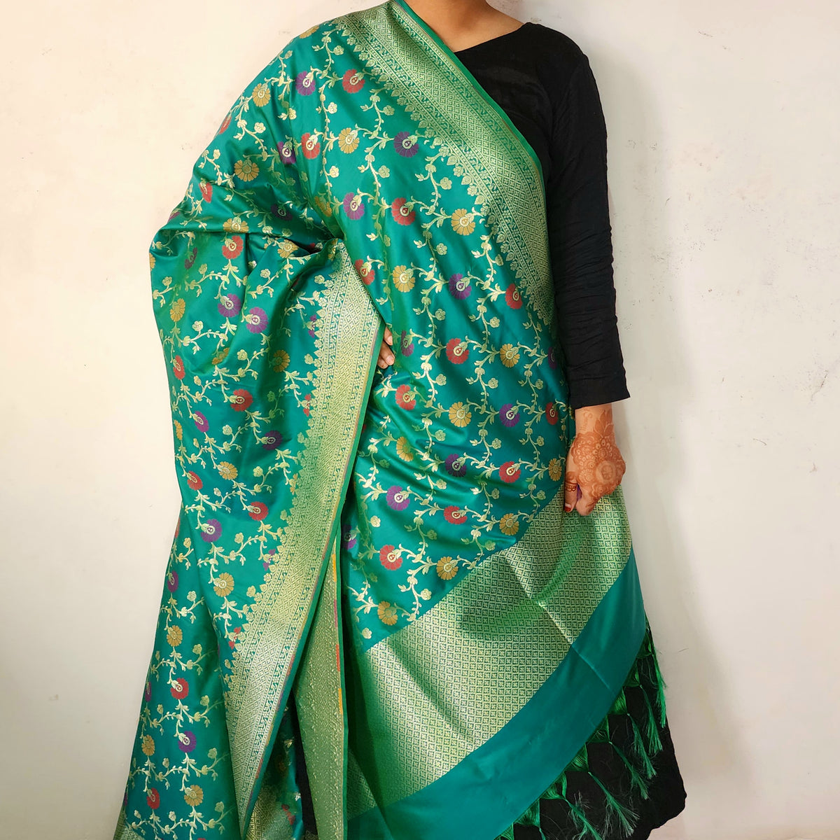 Banarasi Silk Floral Jaal Dupatta - Deep Teal