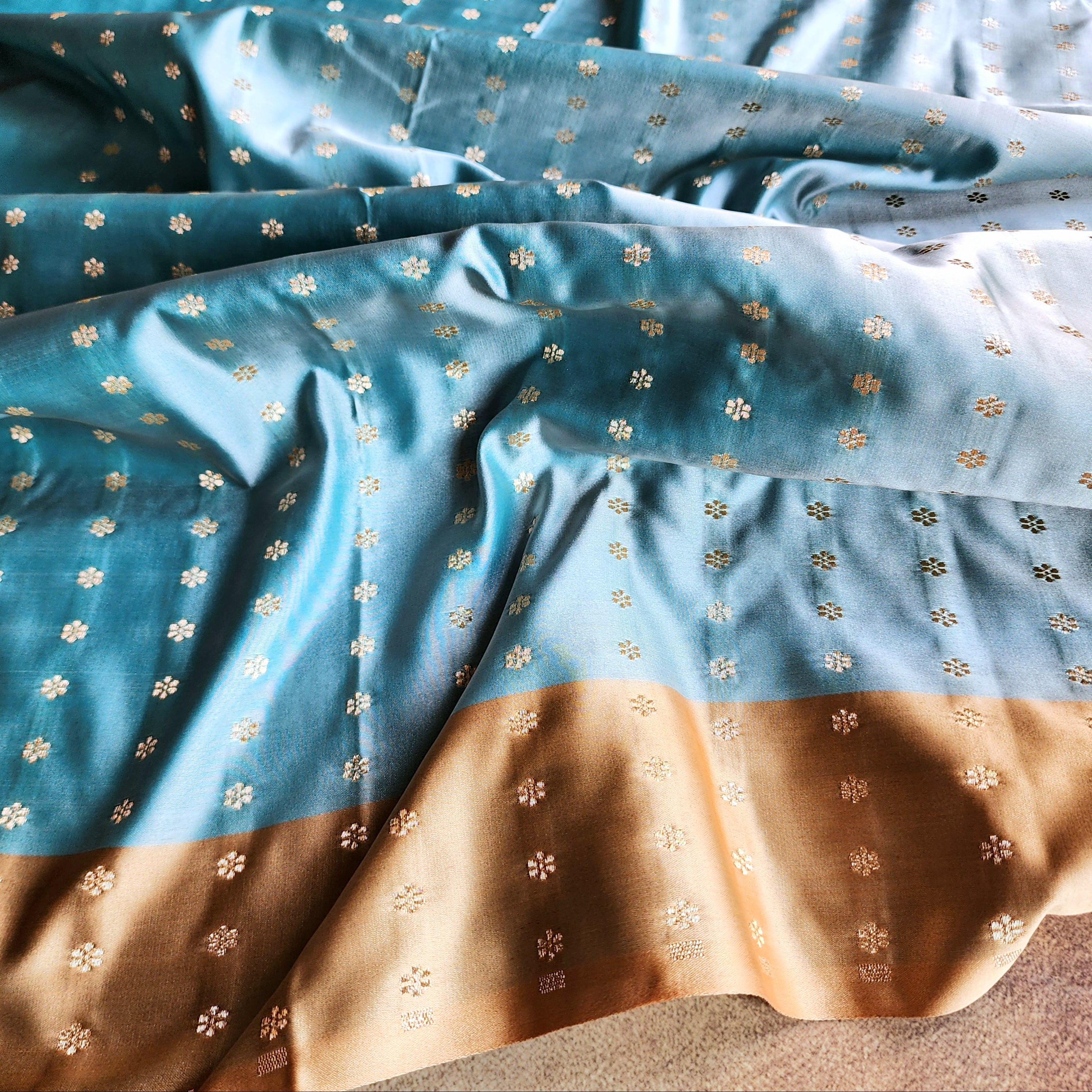 Blue Katan Silk Saree with Beige Gold Zari Border