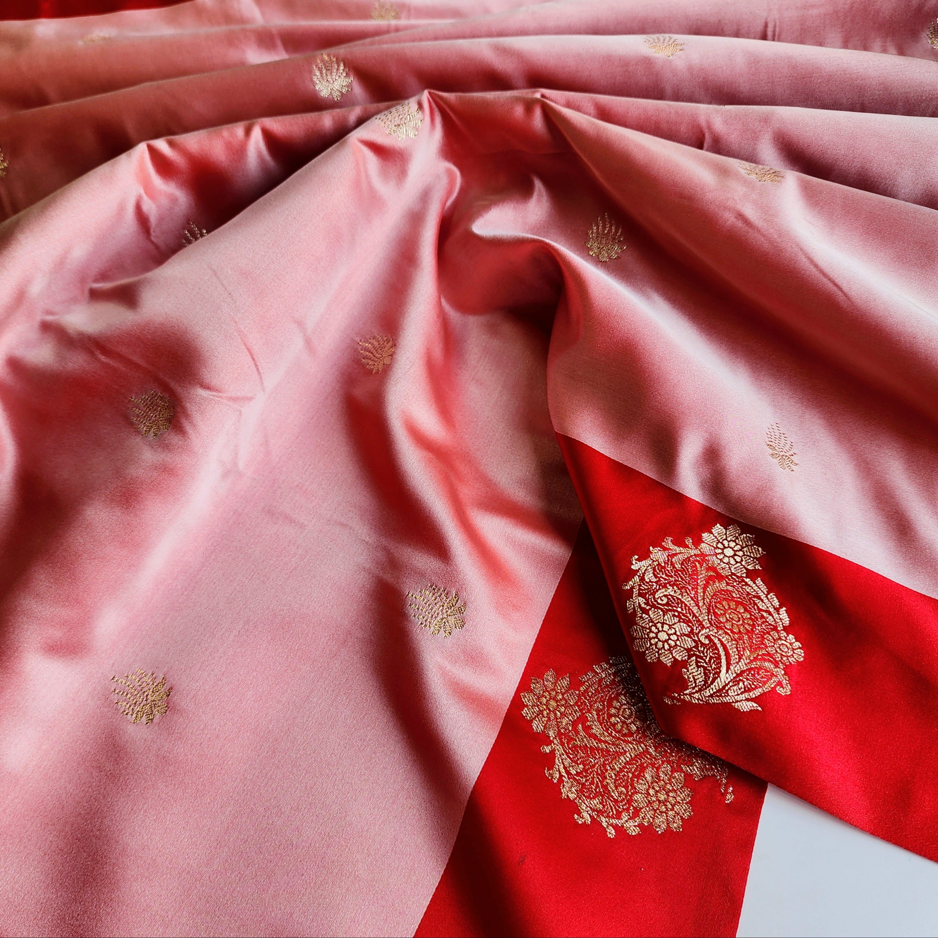 Blush Pink Katan Silk Saree with Red Gold Zari Border