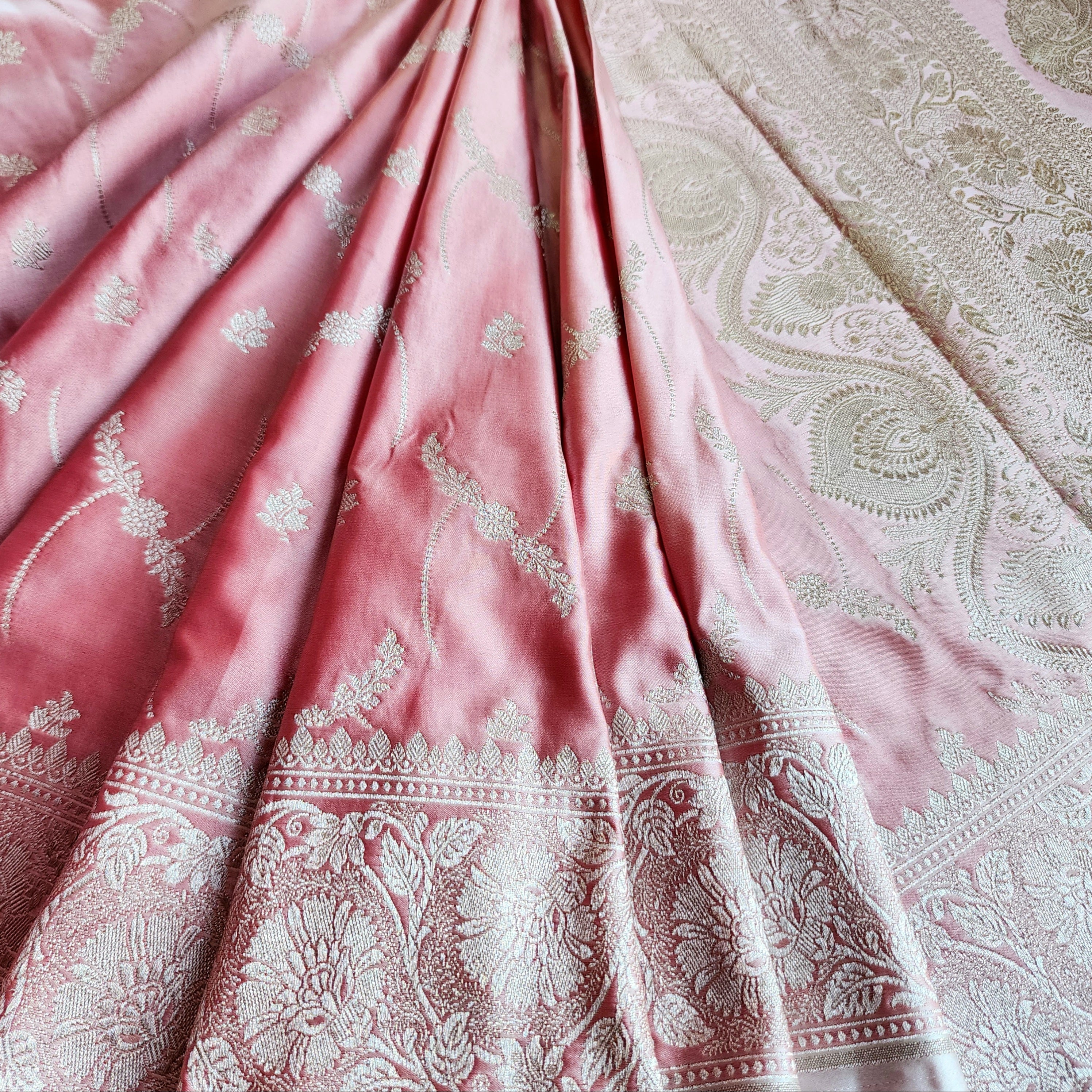 Pastel Baby Pink Banarasi Katan Silk Saree with Light Gold Zari weaving