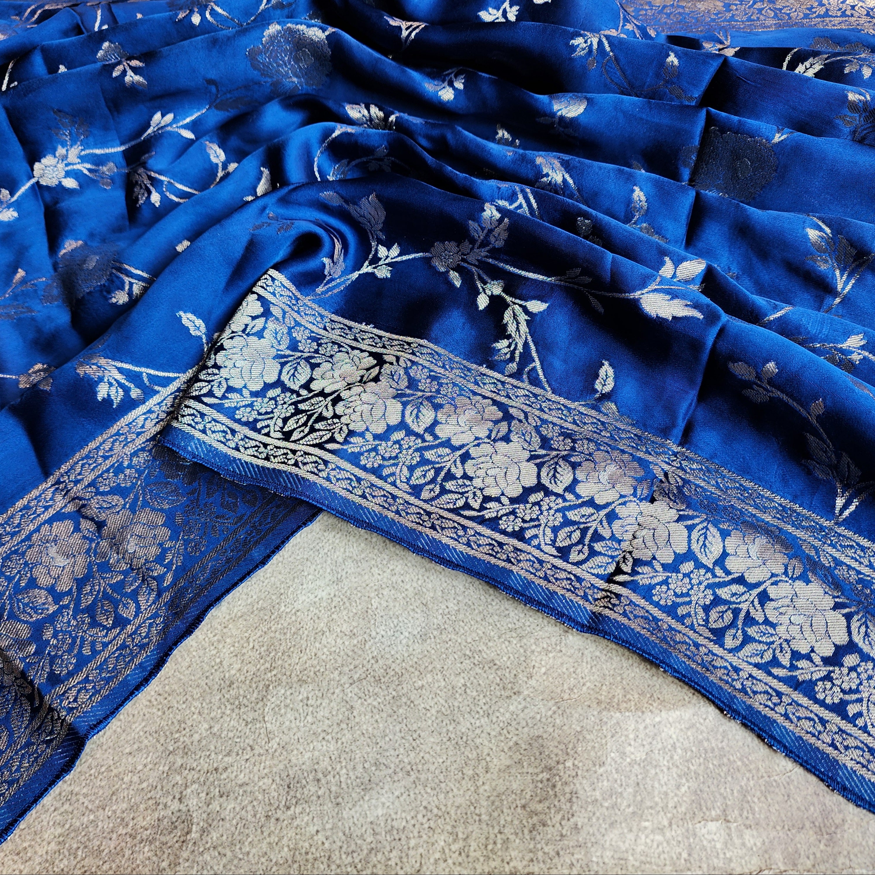 Royal Blue Muslin Silk Saree with Silver Zari Work