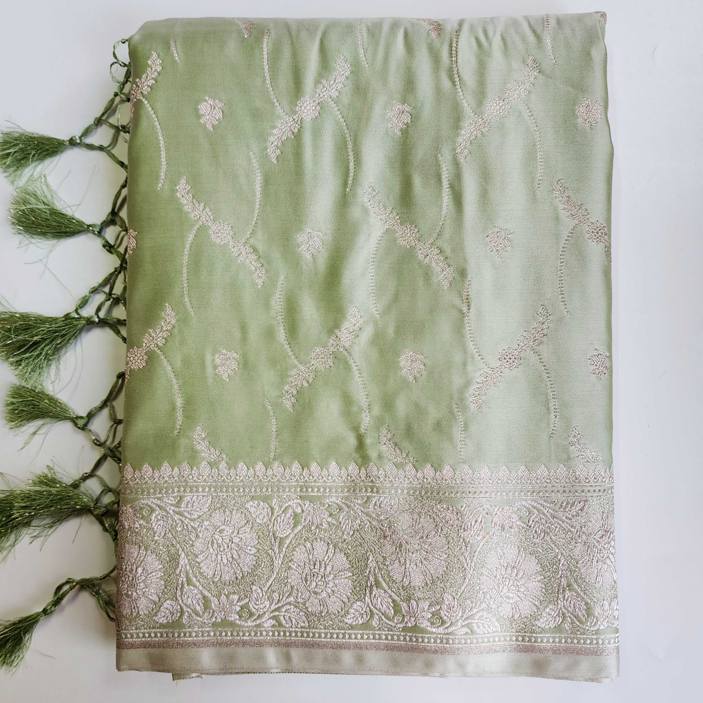 Pastel Sage Green Banarasi Katan Silk Saree with Light Gold Zari weaving