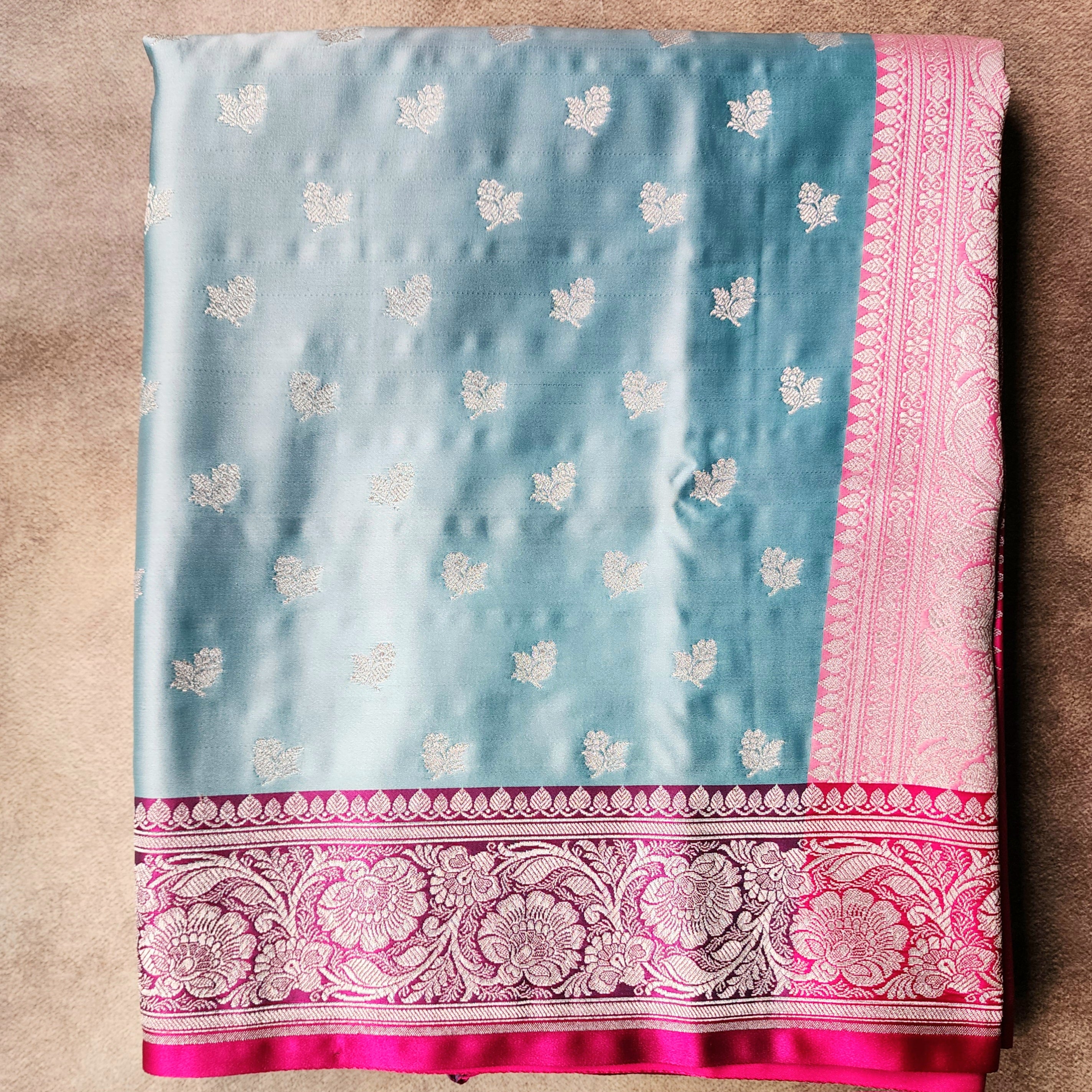 Pastel Aqua Blue Pure Banarasi Katan Silk Saree with light Gold Zari Weaving