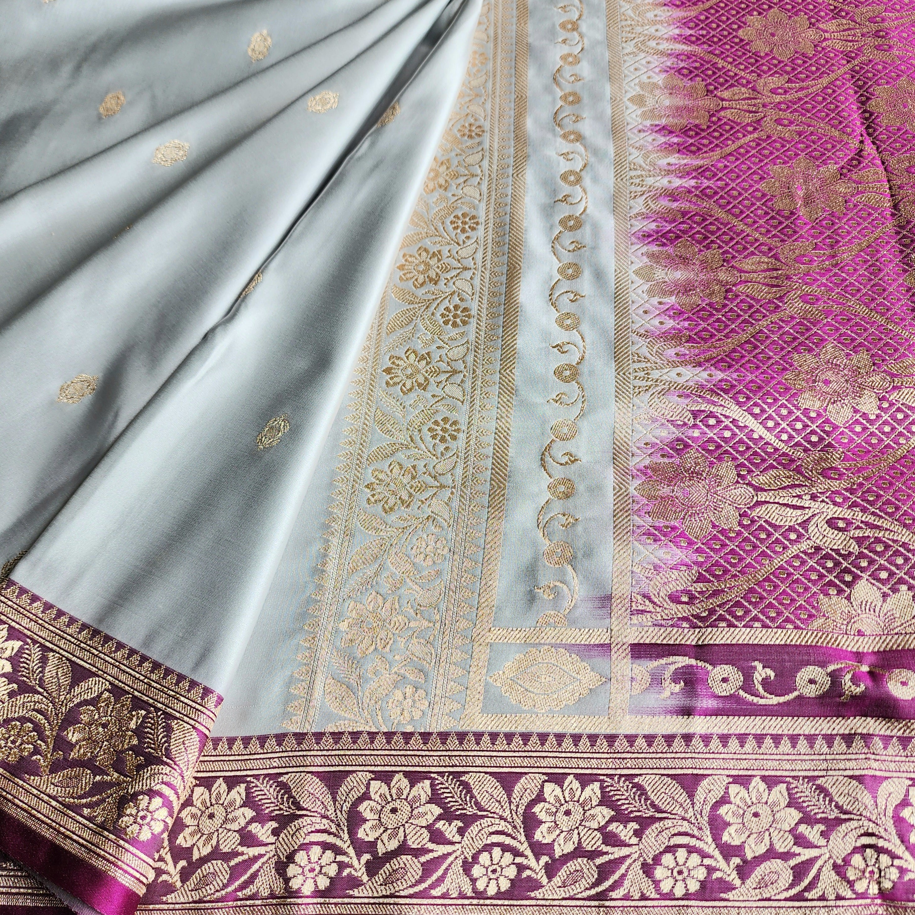 Powder Blue Katan Silk Saree with Purple and Gold Zari Border