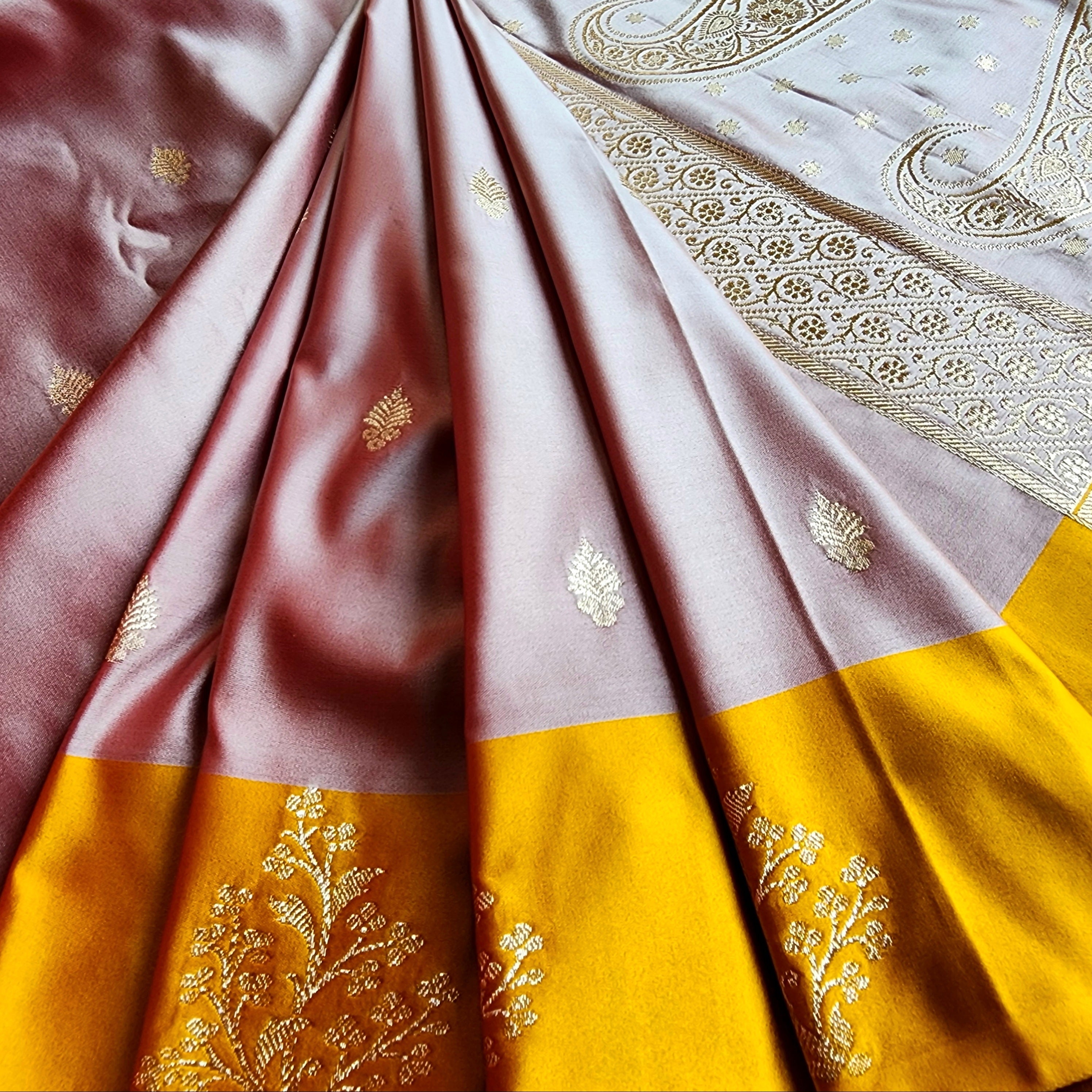 Dusty Rose Katan Silk Saree with Mustard Yellow Gold Zari Border