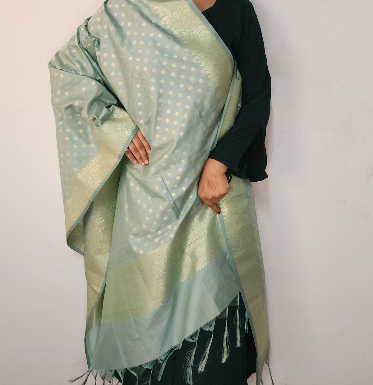 Aqua Blue Banarasi Silk Dupatta with Gold Polka Dot
