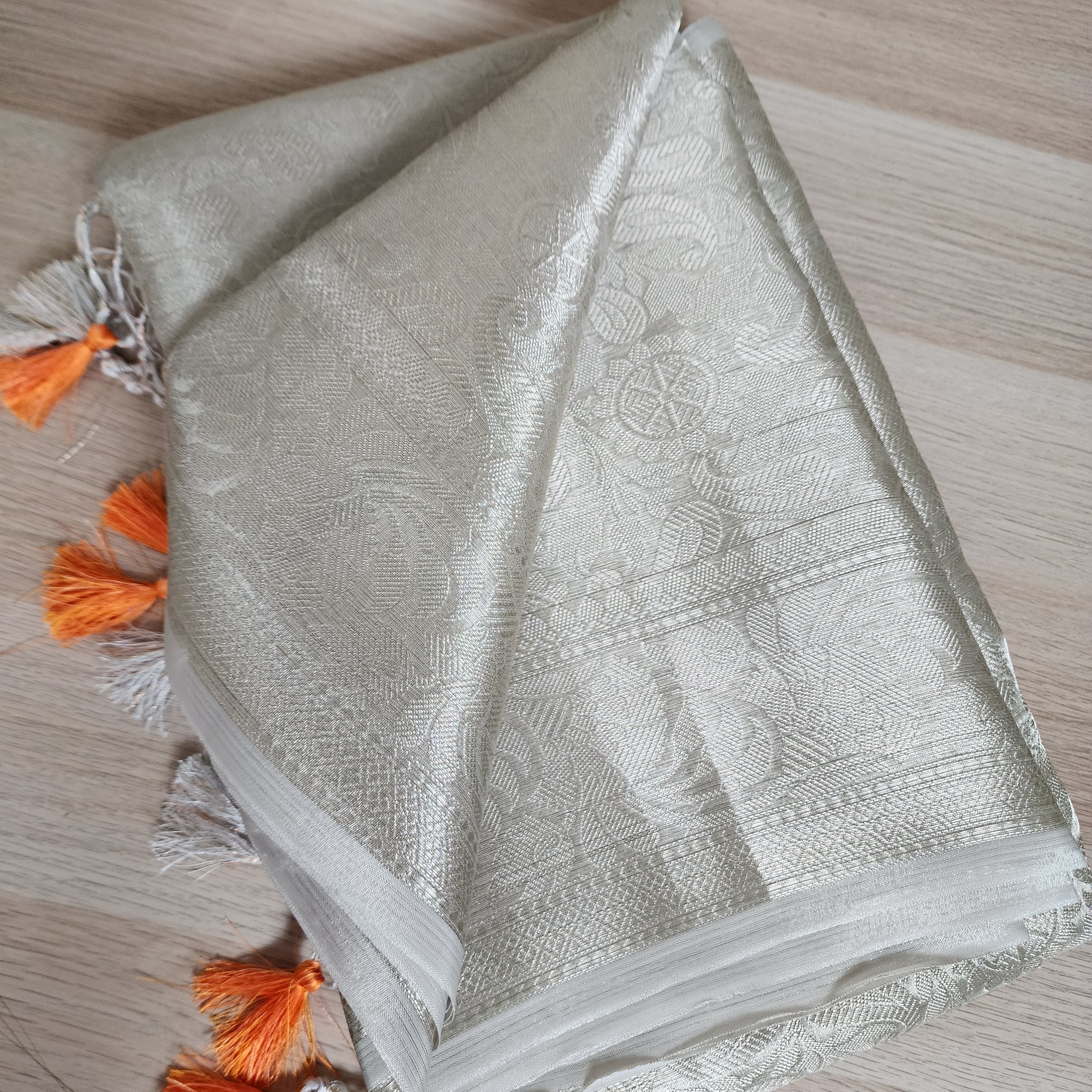 Classic Off-White Water Zari Tissue Sari with tassels