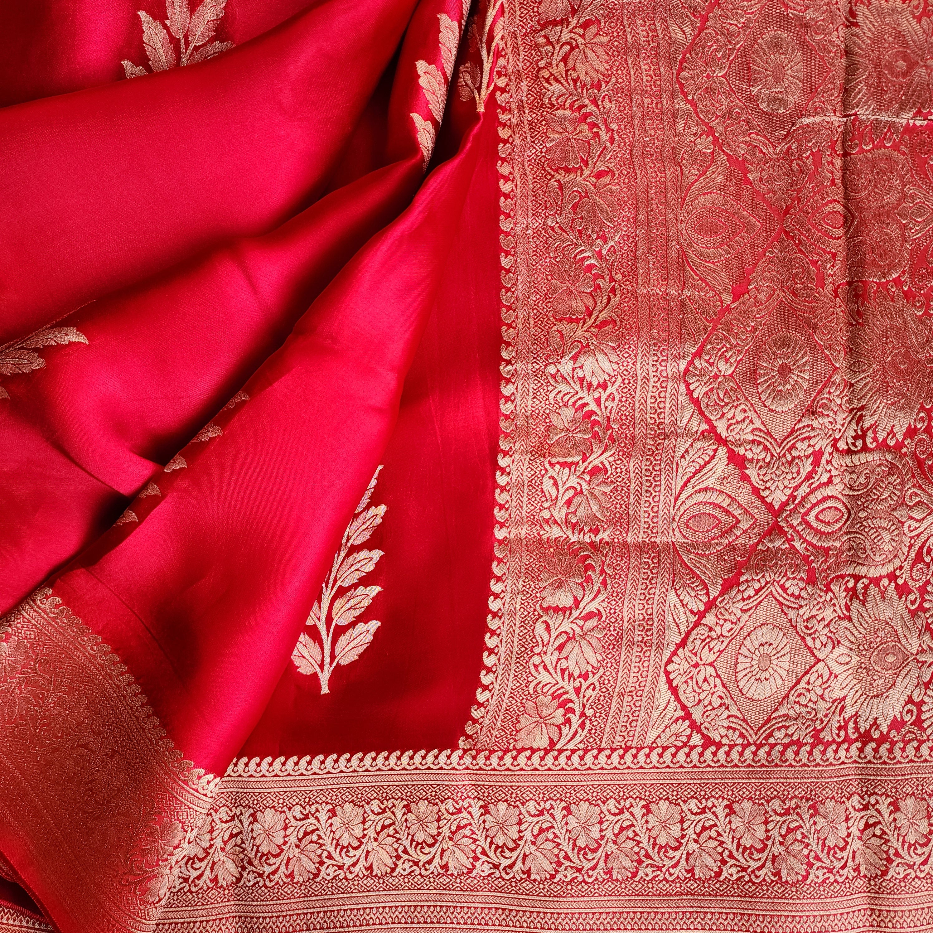 Bright Red Mashru Katan Silk Saree with Gold Weave