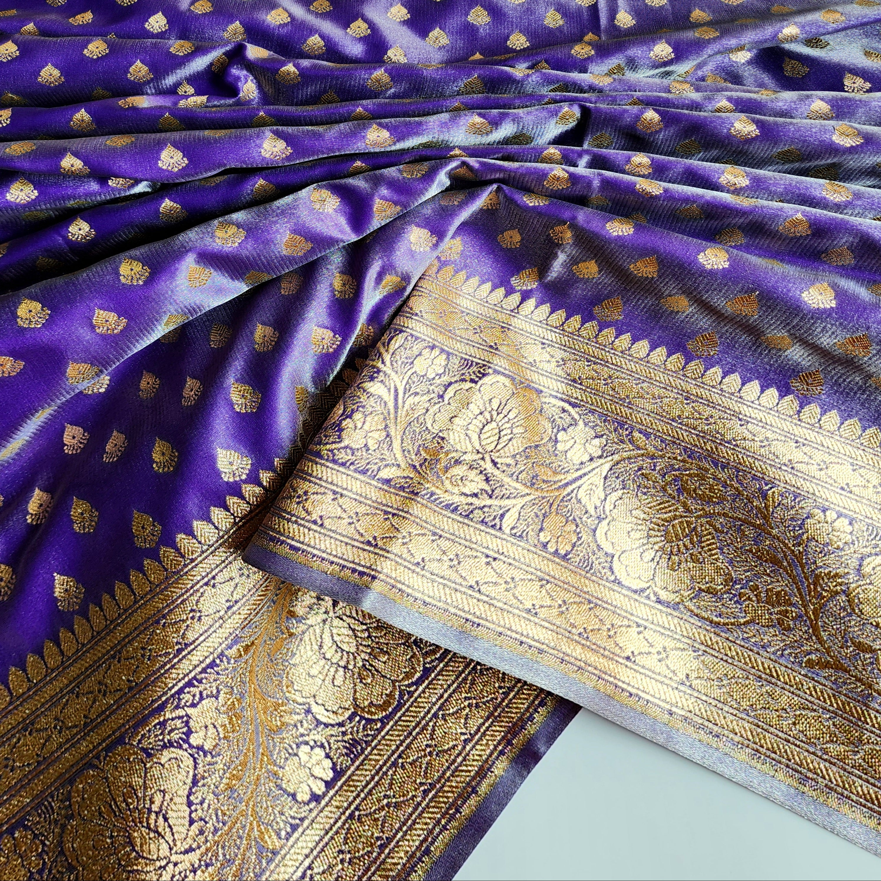 Rich Indigo Purple Banarasi Silk Saree with Gold Zari Weaving