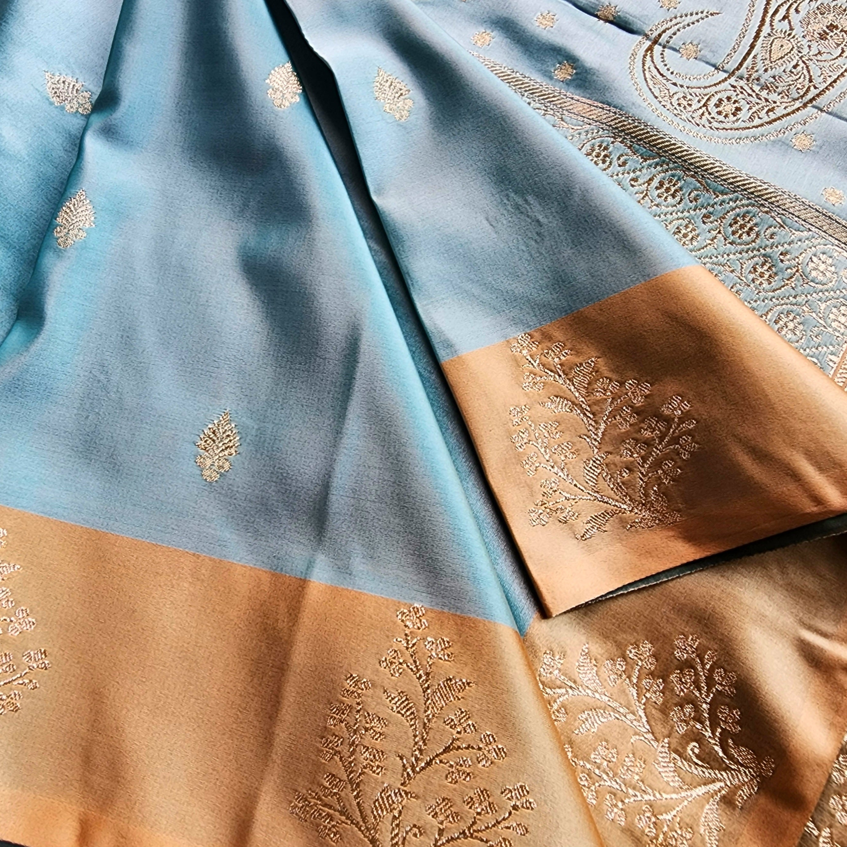 Blue Katan Silk Saree with Beige Gold Zari Border