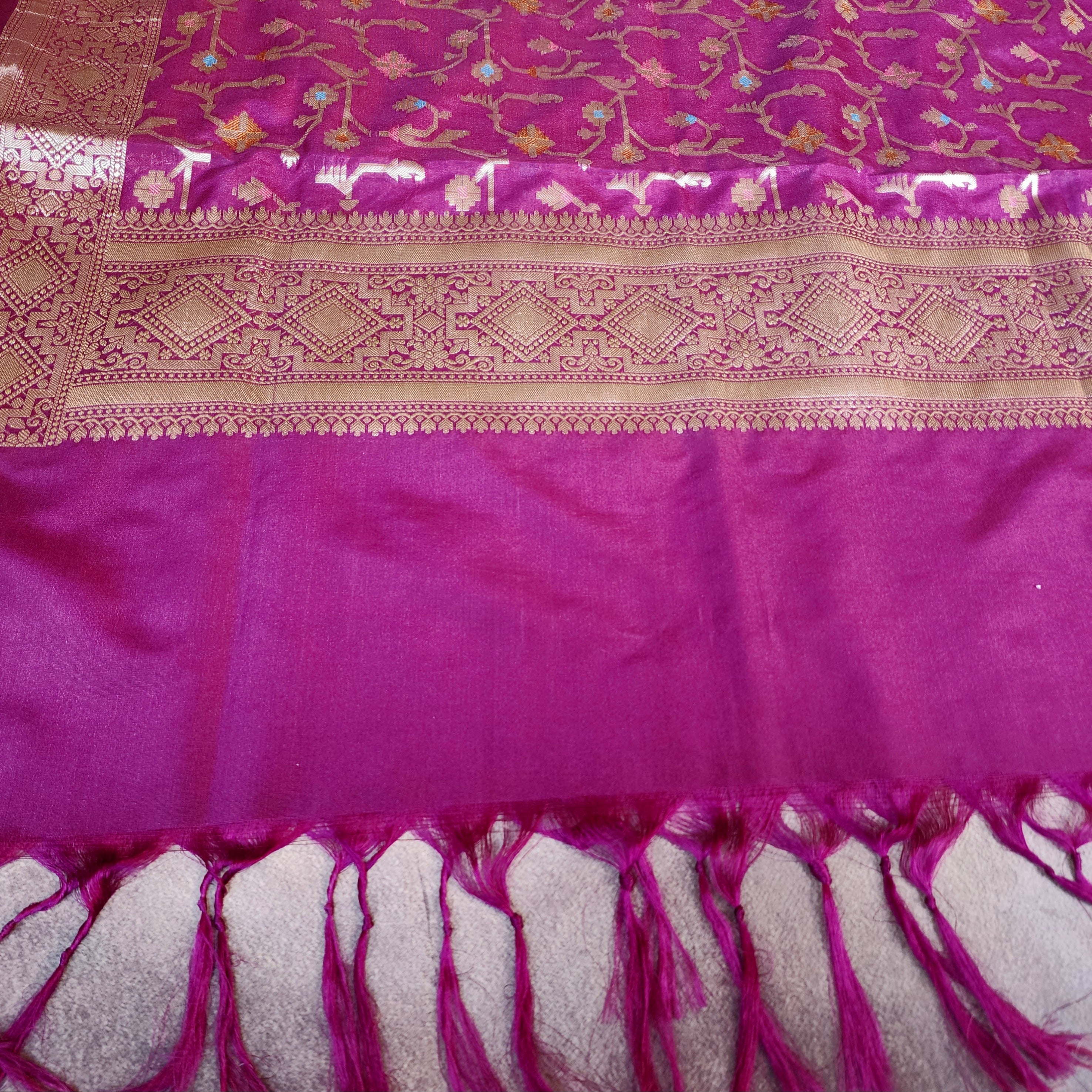 Golden Grid Banarasi Silk Dupatta with Meenakari Work in Deep Purple