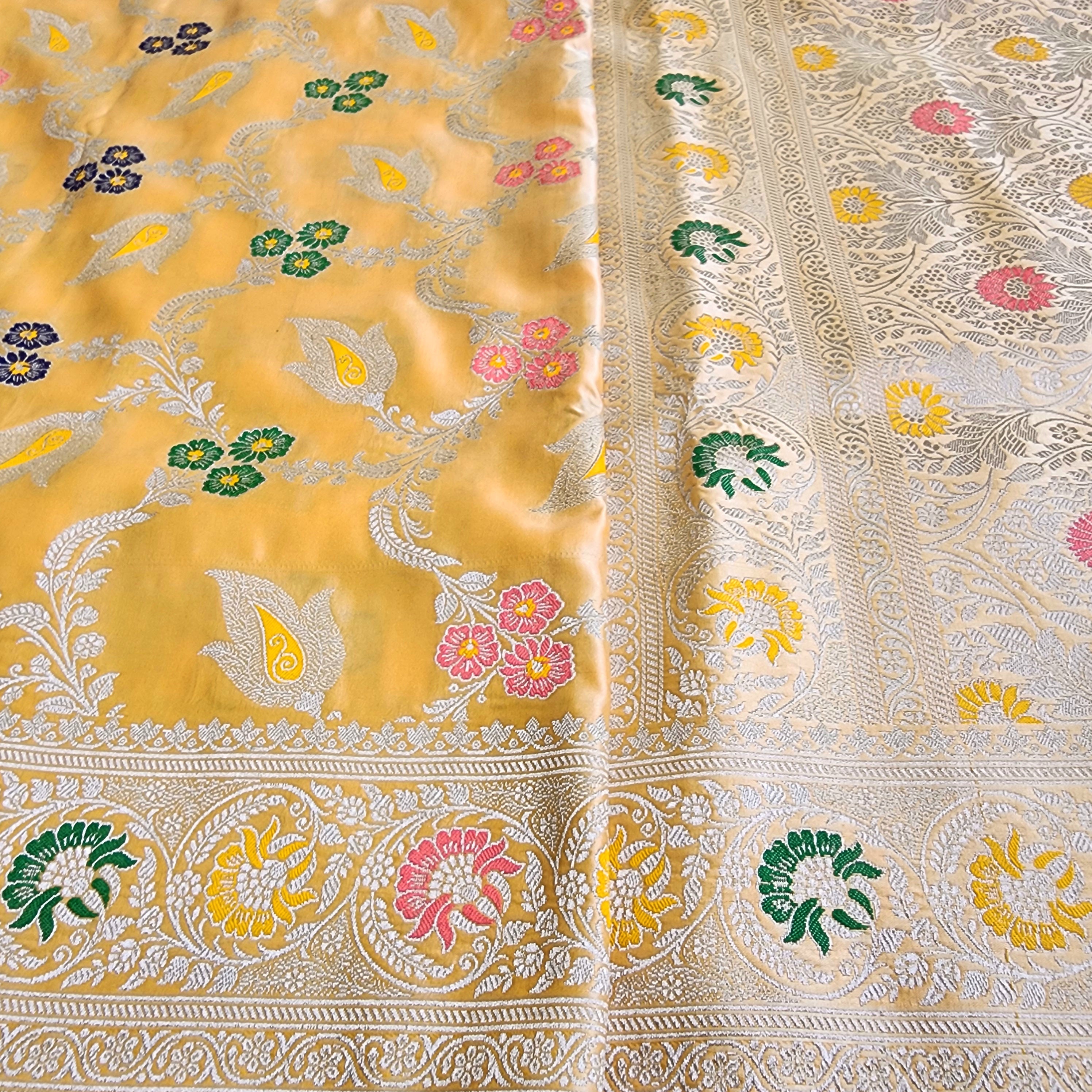 Enriched Light Orange Banarasi Katan Silk Saree with Multicolor Meenakari Floral Jaal