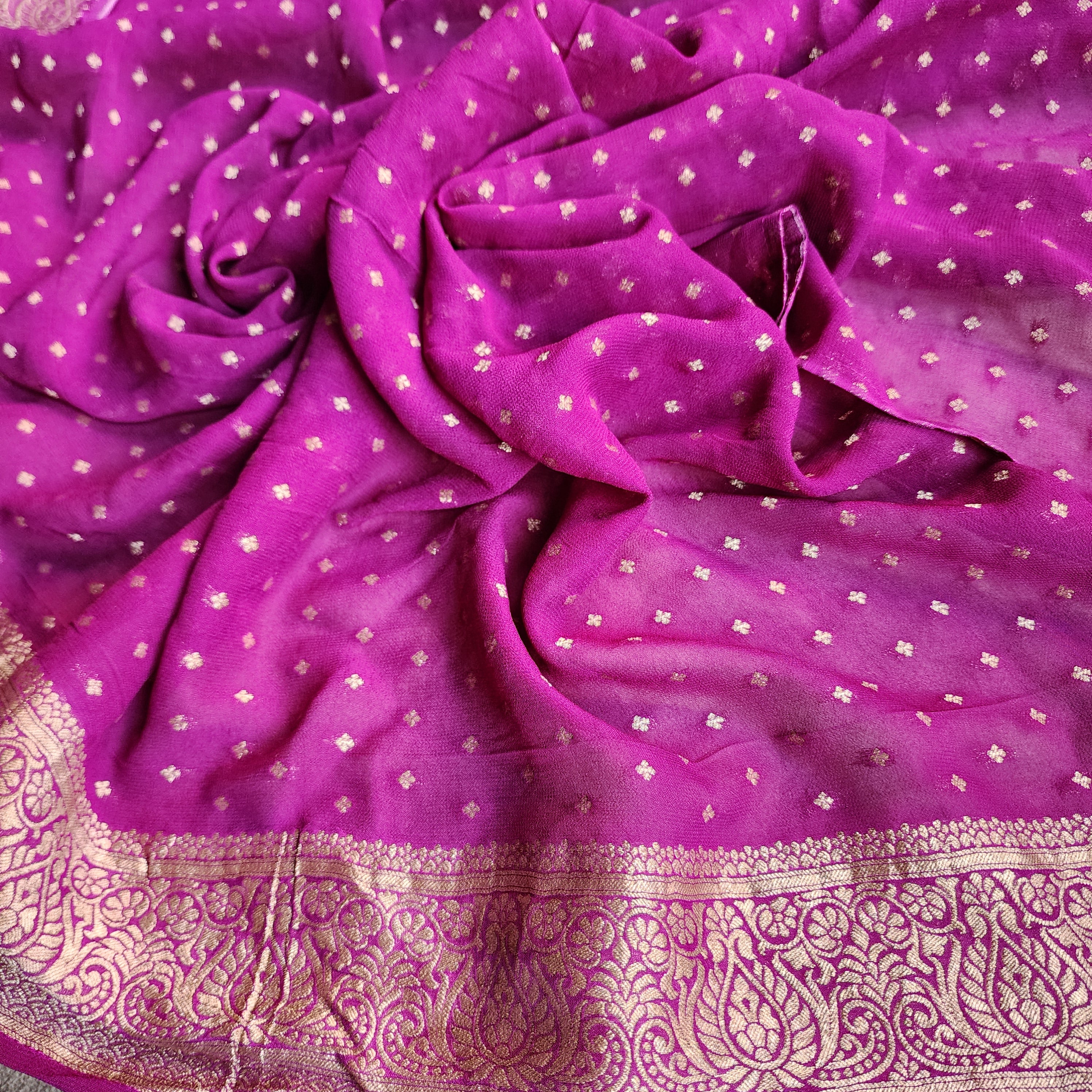 Aubergine Khaddi Georgette Pure Banarasi Saree with Golden Zari