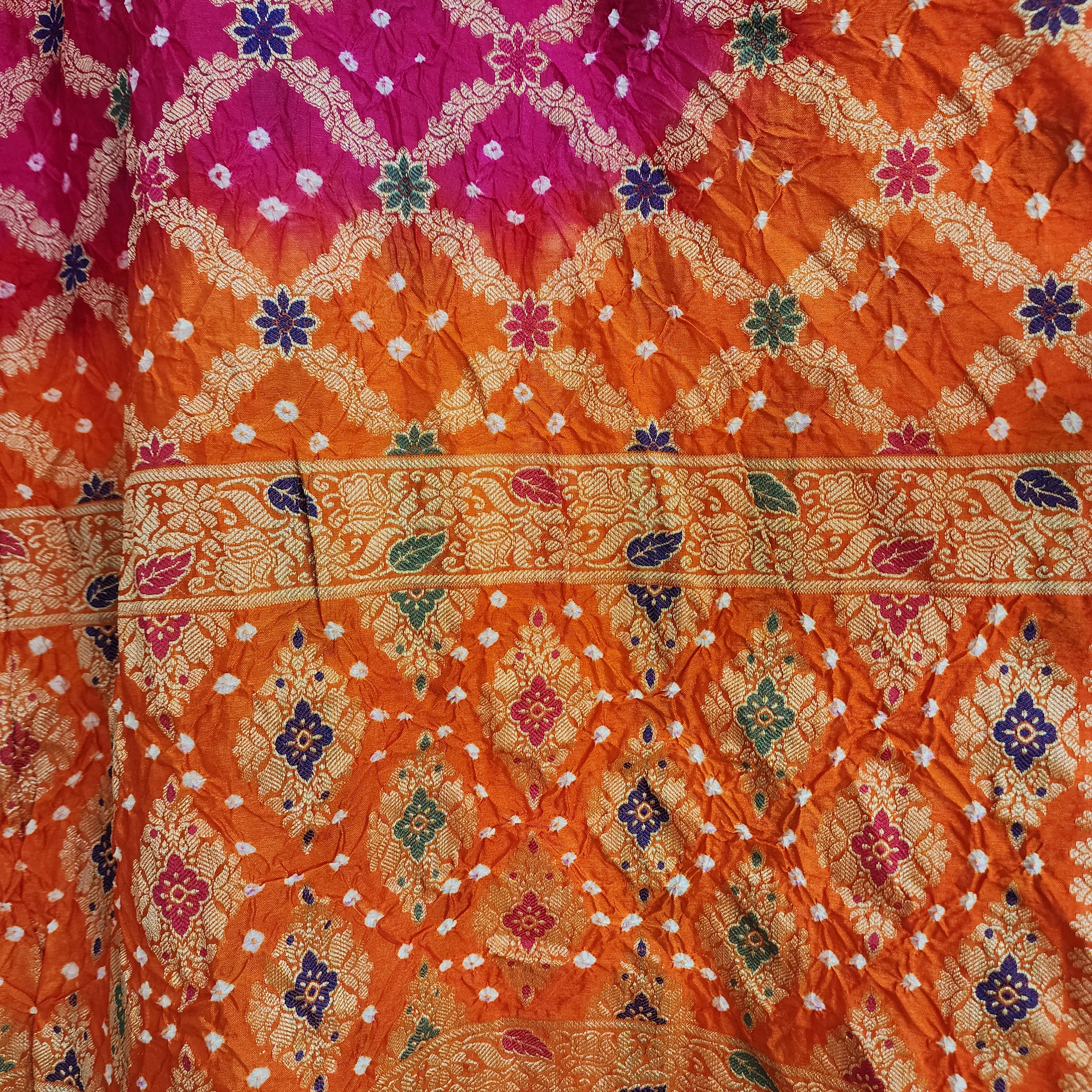 Orange & Rani Pink Bandhni dupatta with Banarasi Meenakari work