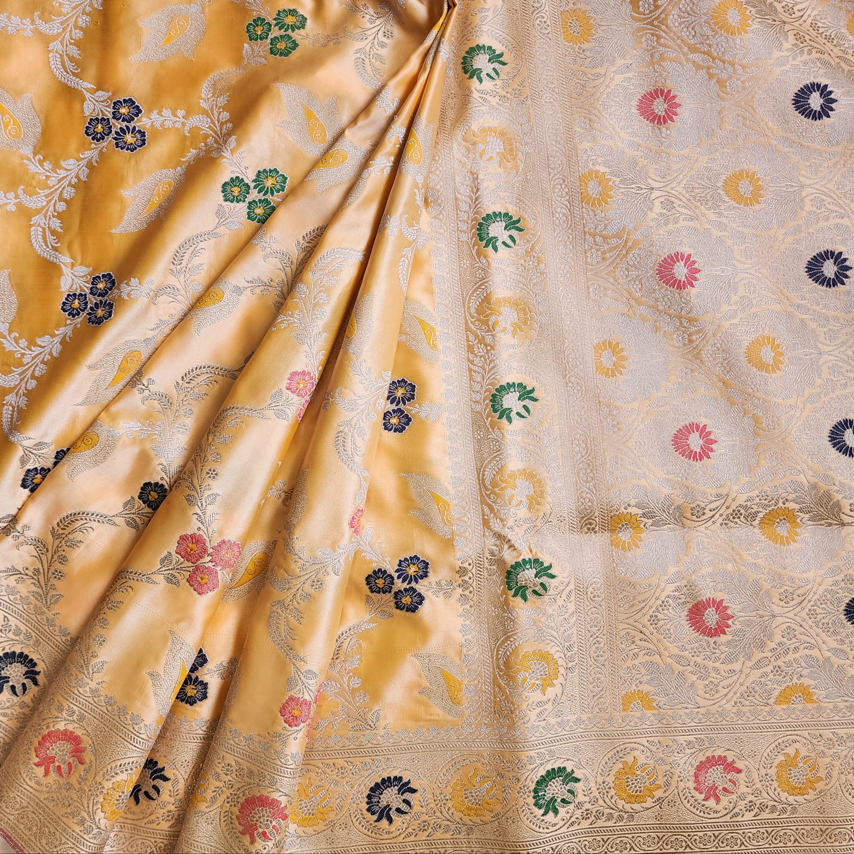 Enriched Light Orange Banarasi Katan Silk Saree with Multicolor Meenakari Floral Jaal