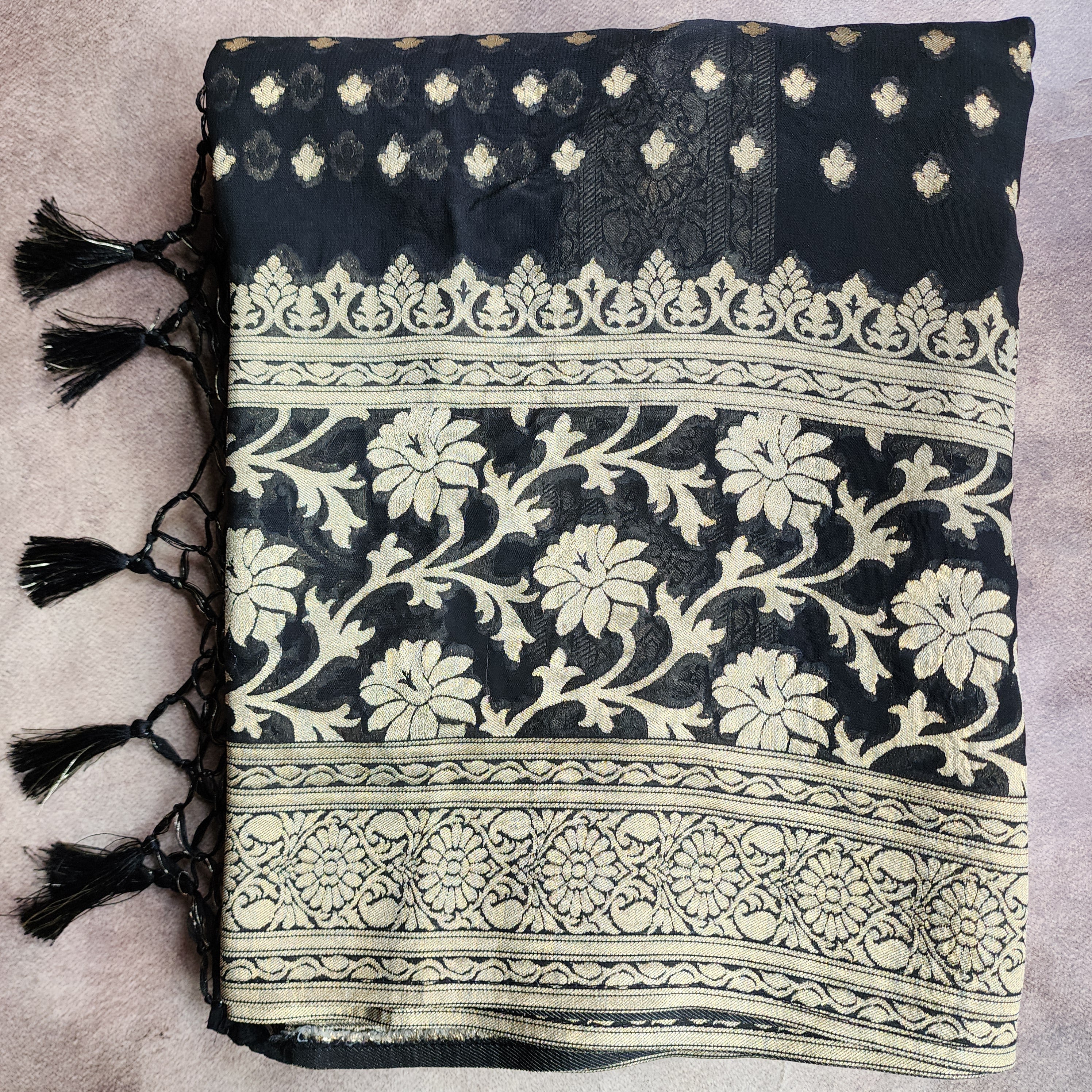 Elegant Black Khaddi Georgette Pure Banarasi Saree with Golden Zari