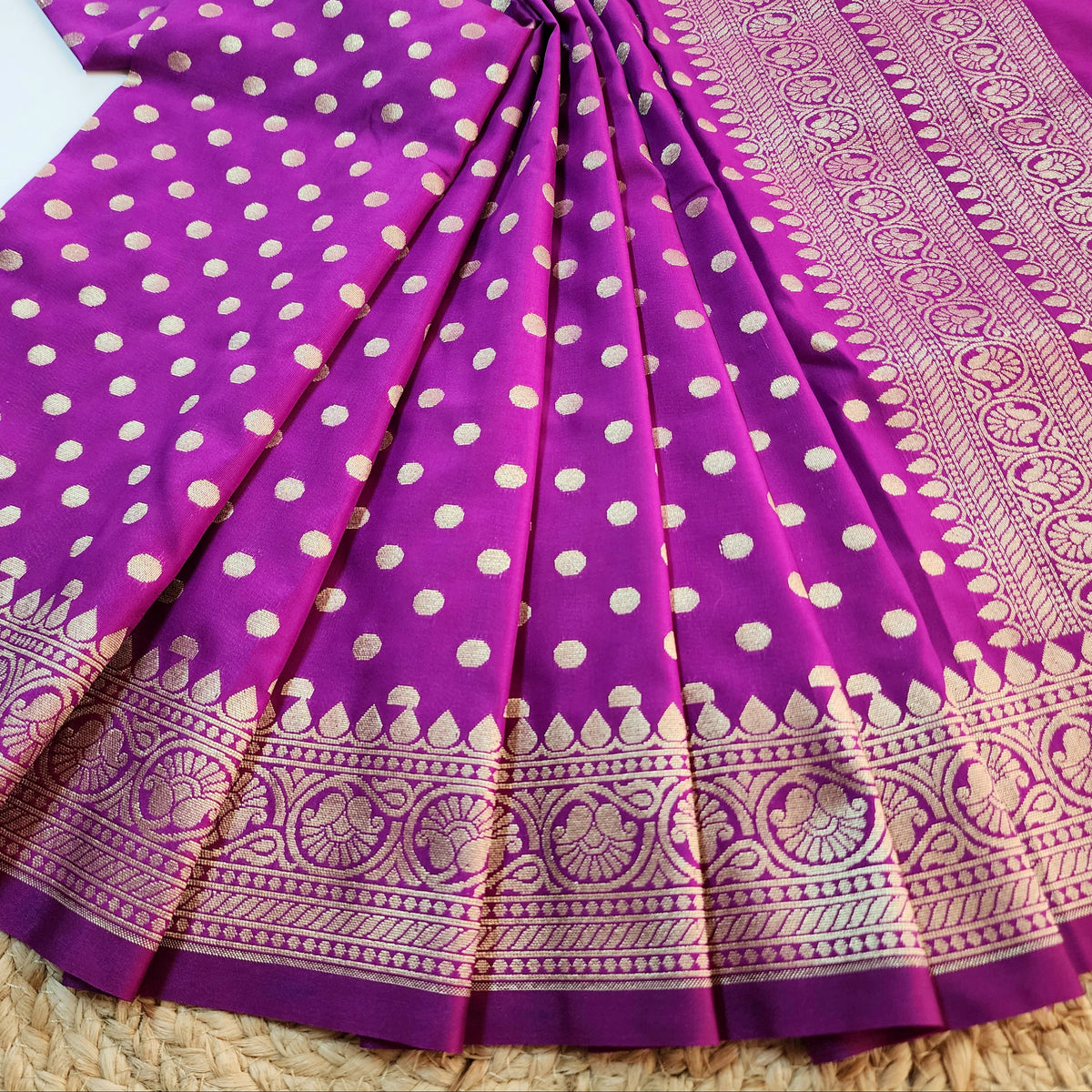 Magenta Purple Banarasi Silk Dupatta with Gold Polka Dot