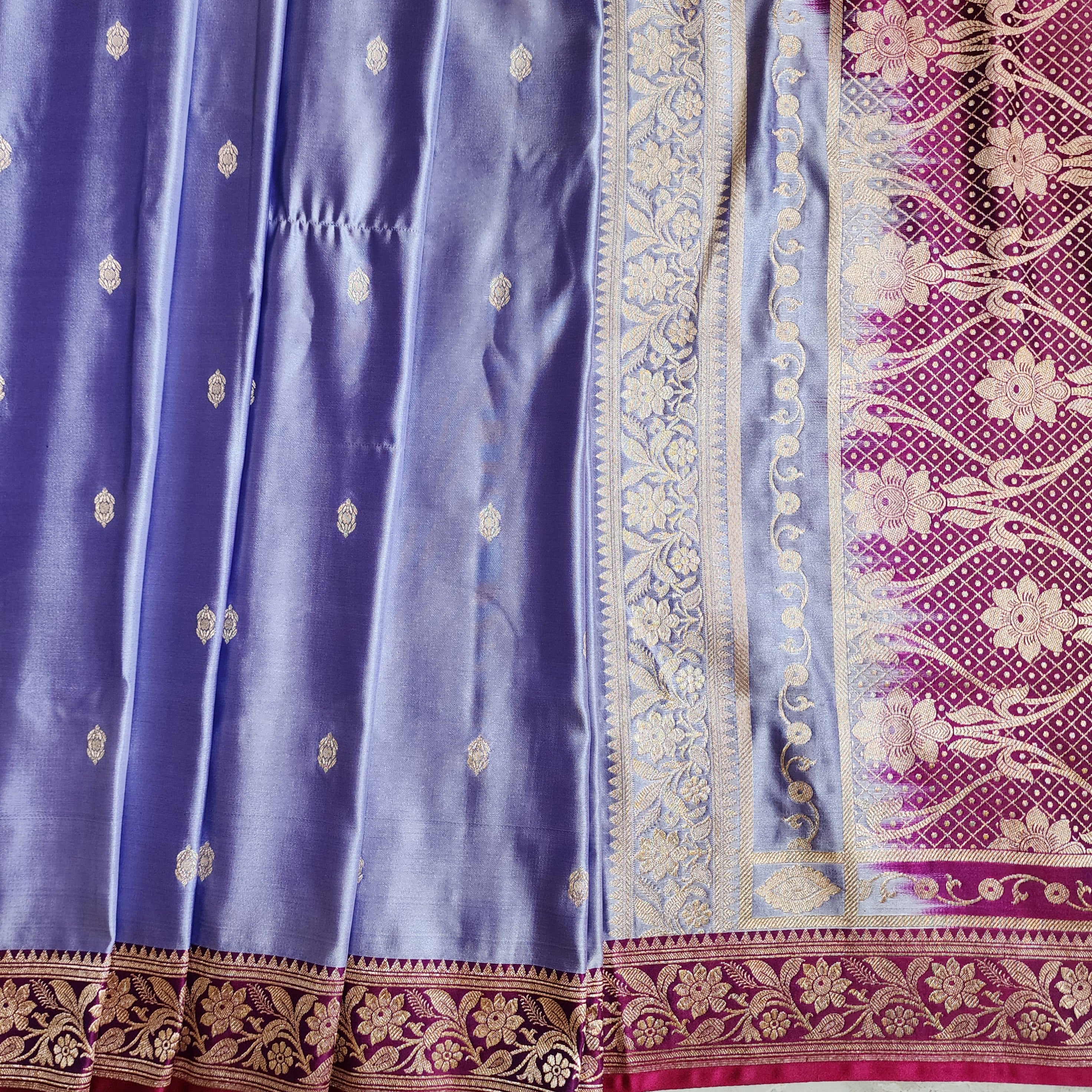 Periwinkle Katan Silk Saree with Magenta and Gold Zari Border