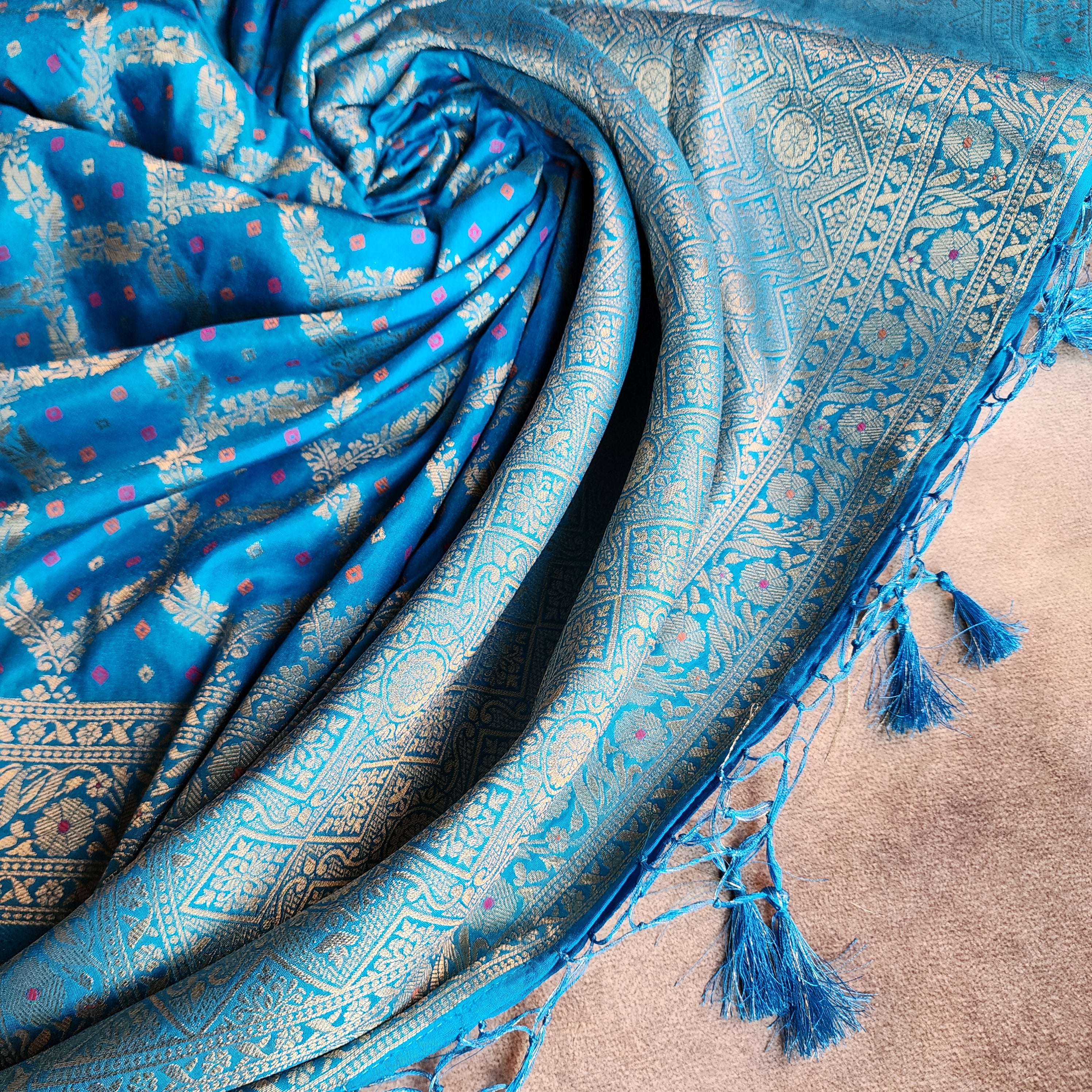 Sky Blue Bandhani Dupatta with Traditional Jaal