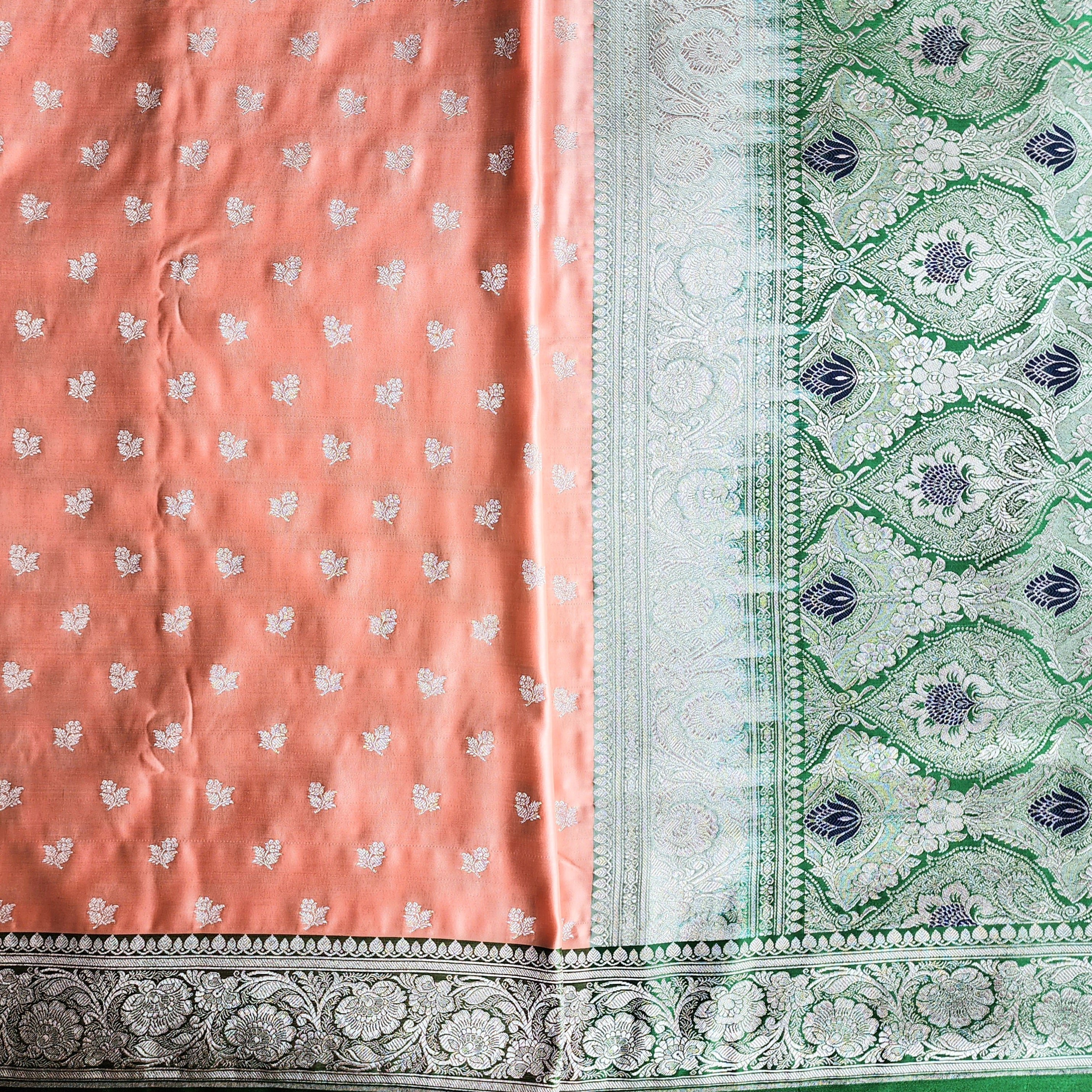 Peach Pure Banarasi Katan Silk Saree with light Gold Zari Weaving