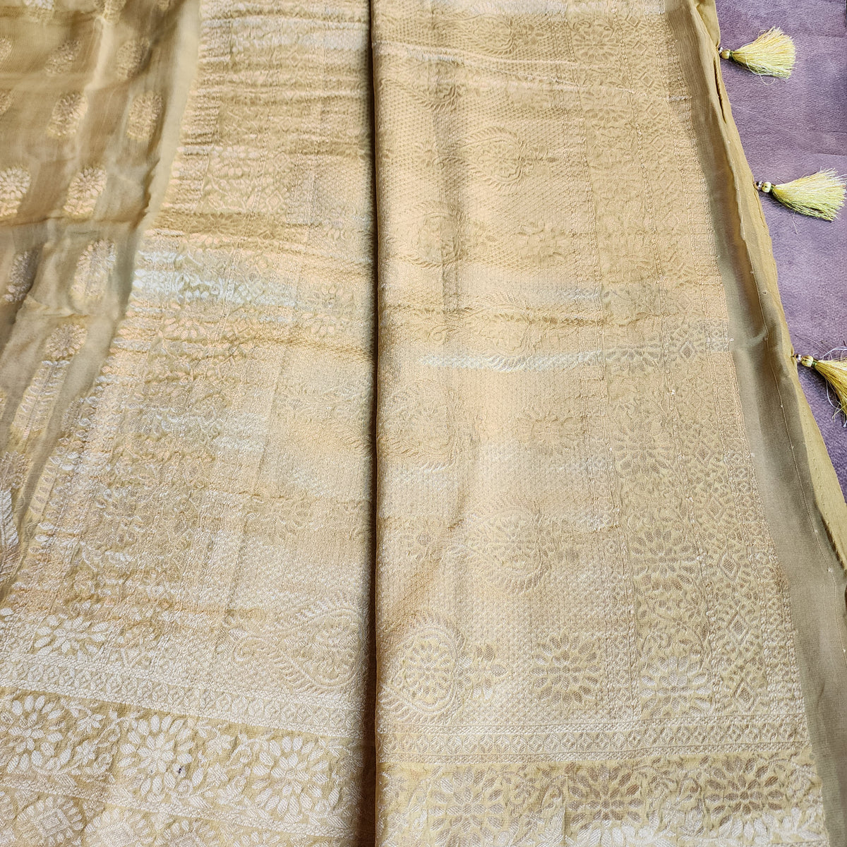 Yellow Khaddi Georgette Pure Banarasi Saree with Gold Zari