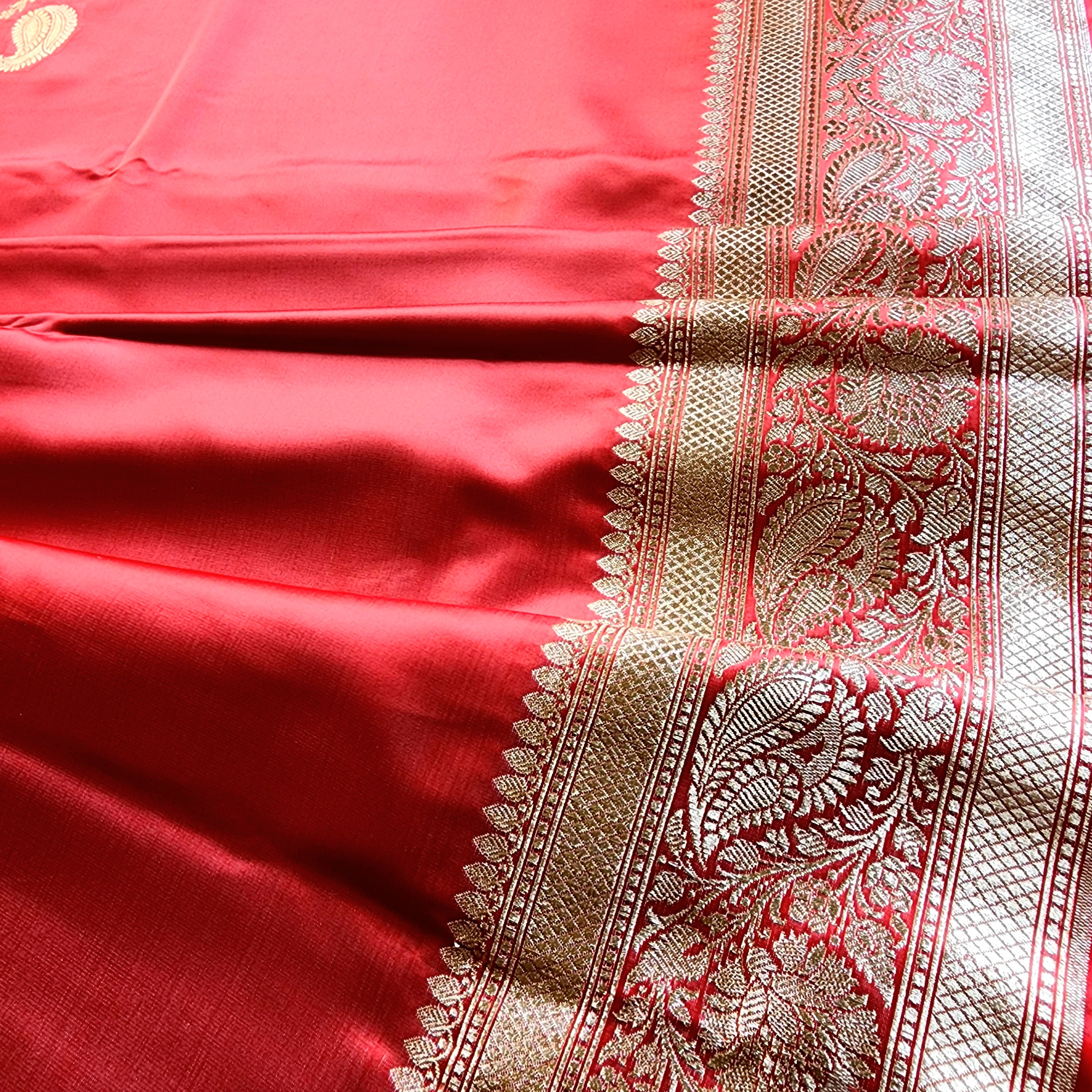 Rich Rose Pink Pure Banarasi Katan Silk Saree with light Gold Zari Weaving