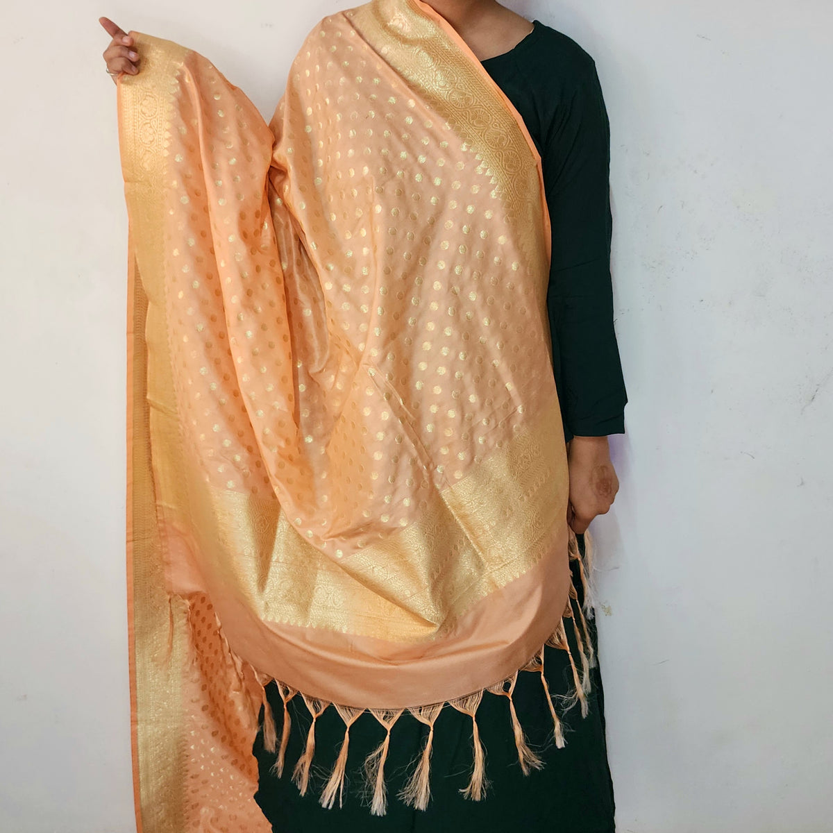 Peach Banarasi Silk Dupatta with Gold Polka Dot