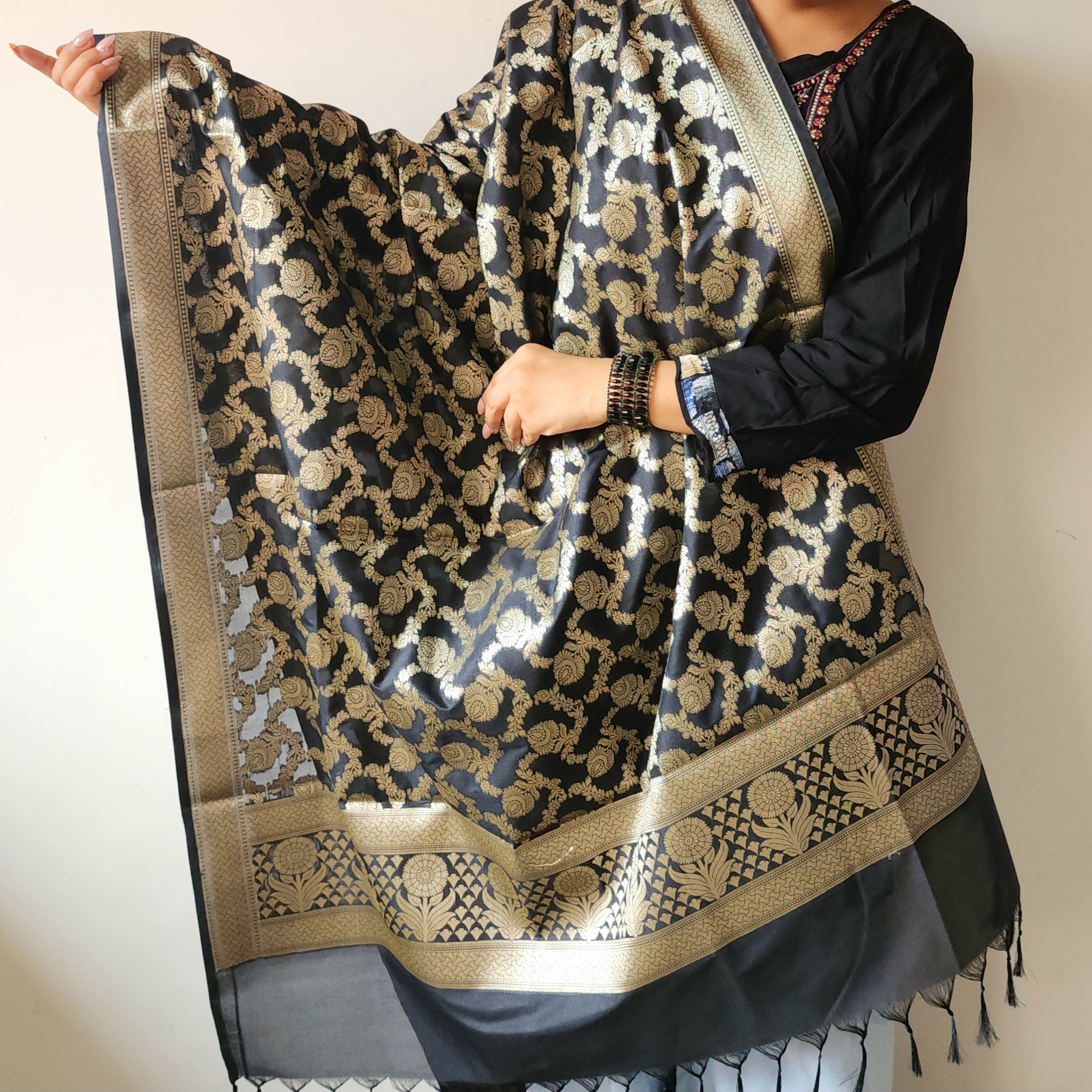 Black Floral Jaal Dupatta with Mughal-Inspired Zari Border