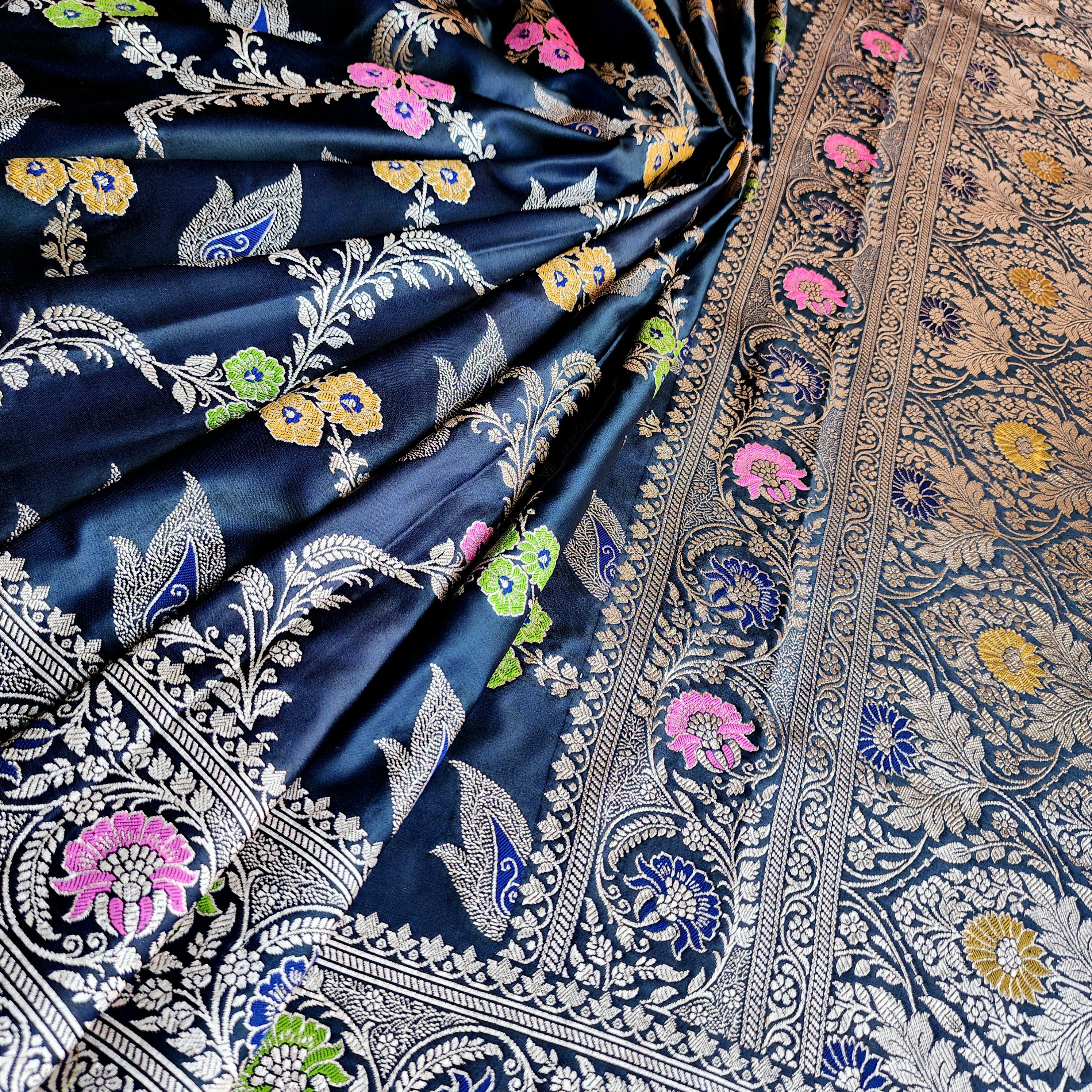 Enriched Midnight Blue Banarasi Katan Silk Saree with Multicolor Meenakari Floral Jaal