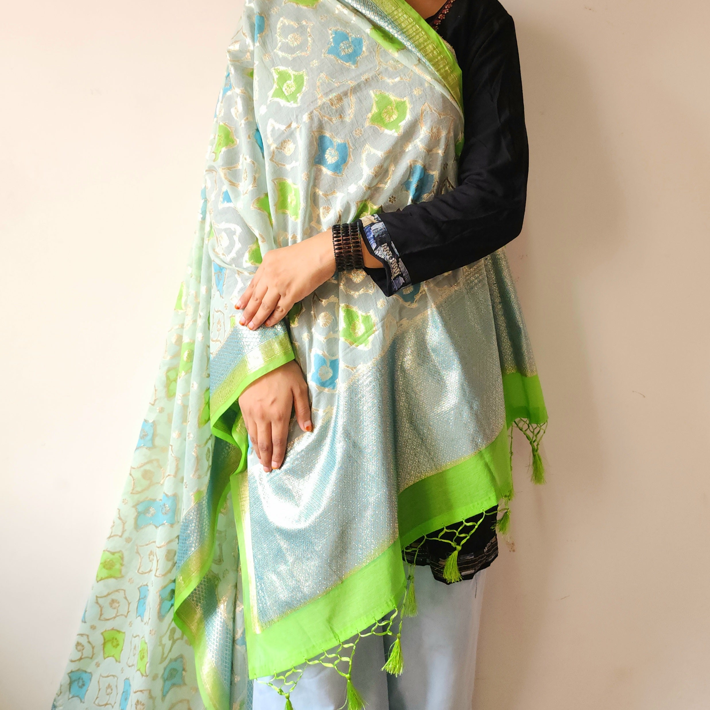 Light Blue Banarasi Brocade Tissue Silk Dupatta