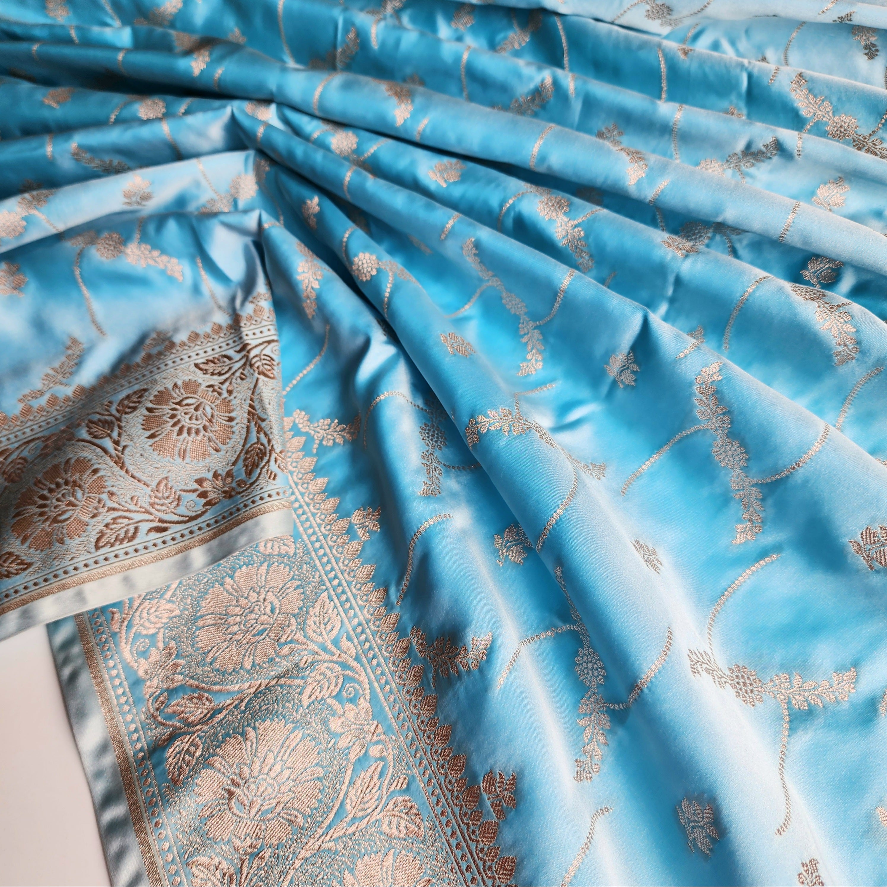 Pastel Blue Banarasi Katan Silk Saree with Light Gold Zari weaving