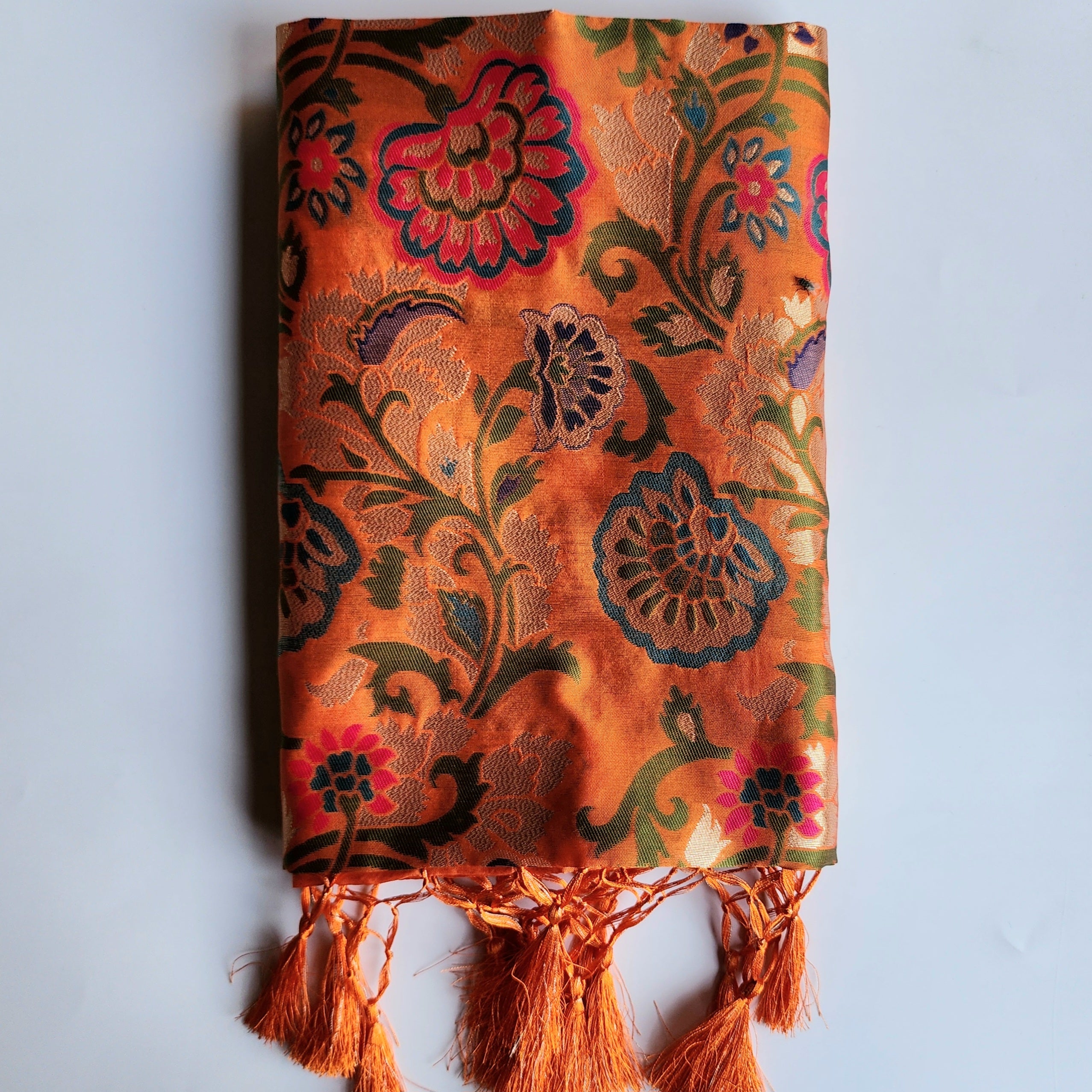 Banarasi Silk Orange Dupatta with Multicolor & Gold Floral Handweaving