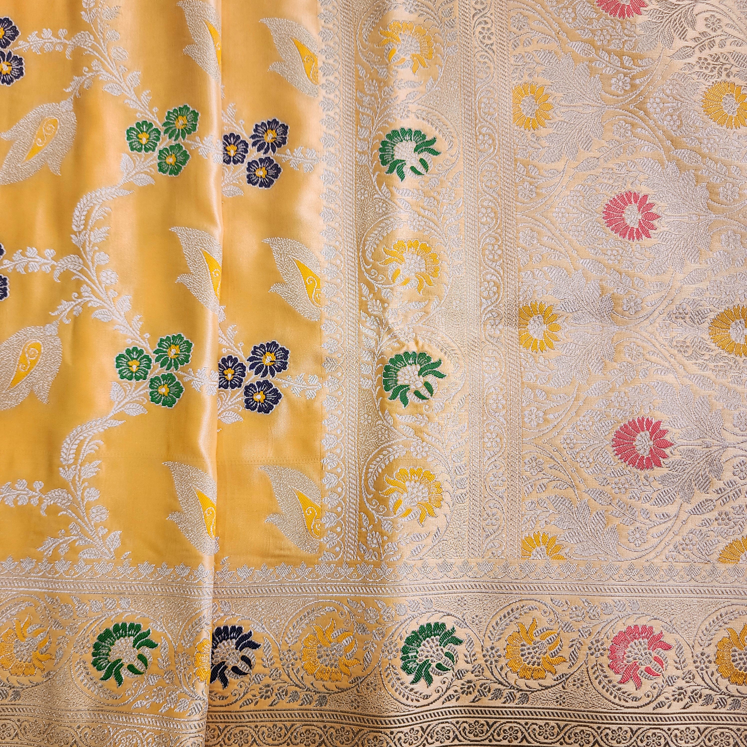 Enriched Light Orange Banarasi Katan Silk Saree with Multicolor Meenakari Floral Jaal