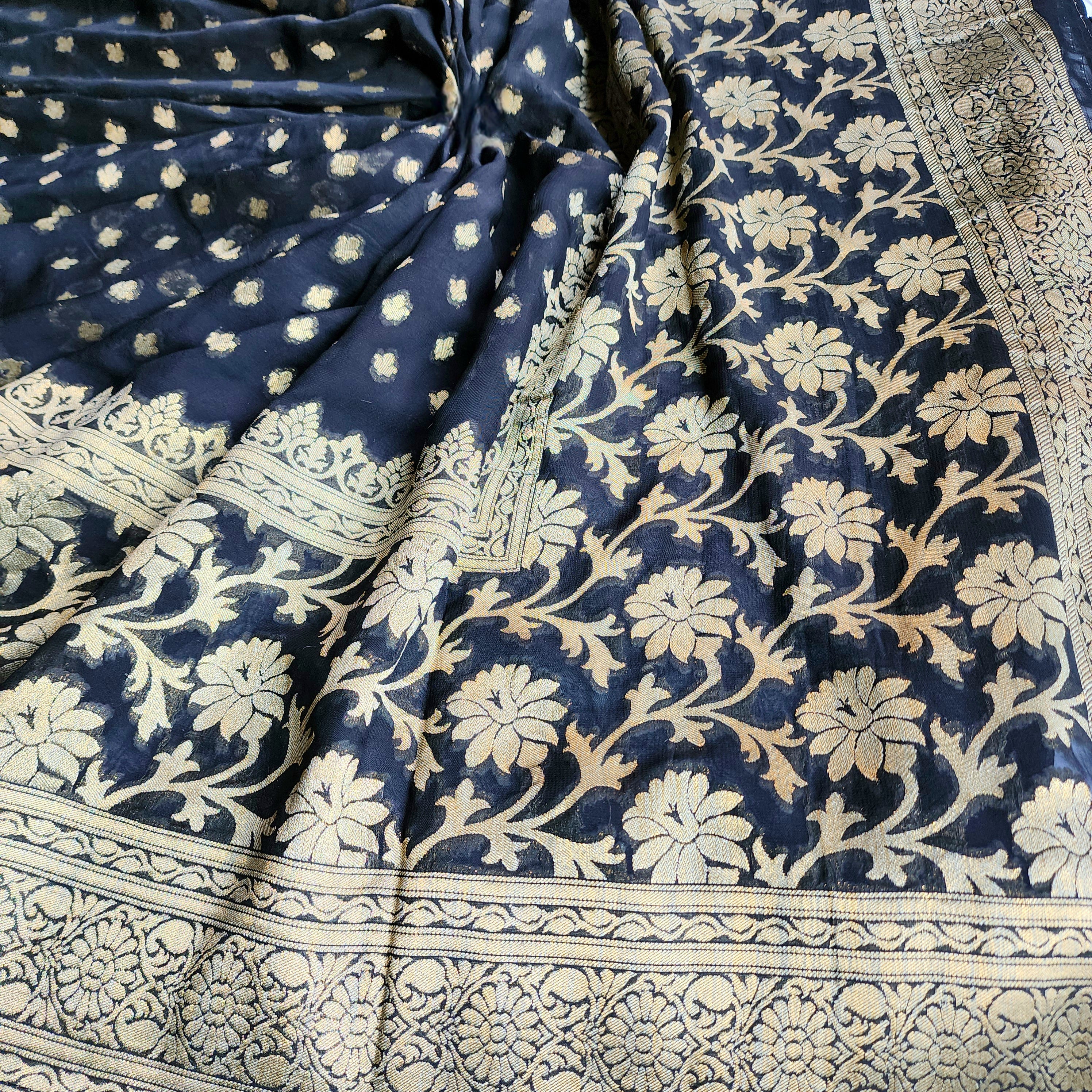 Elegant Black Khaddi Georgette Pure Banarasi Saree with Exquisite Golden Zari