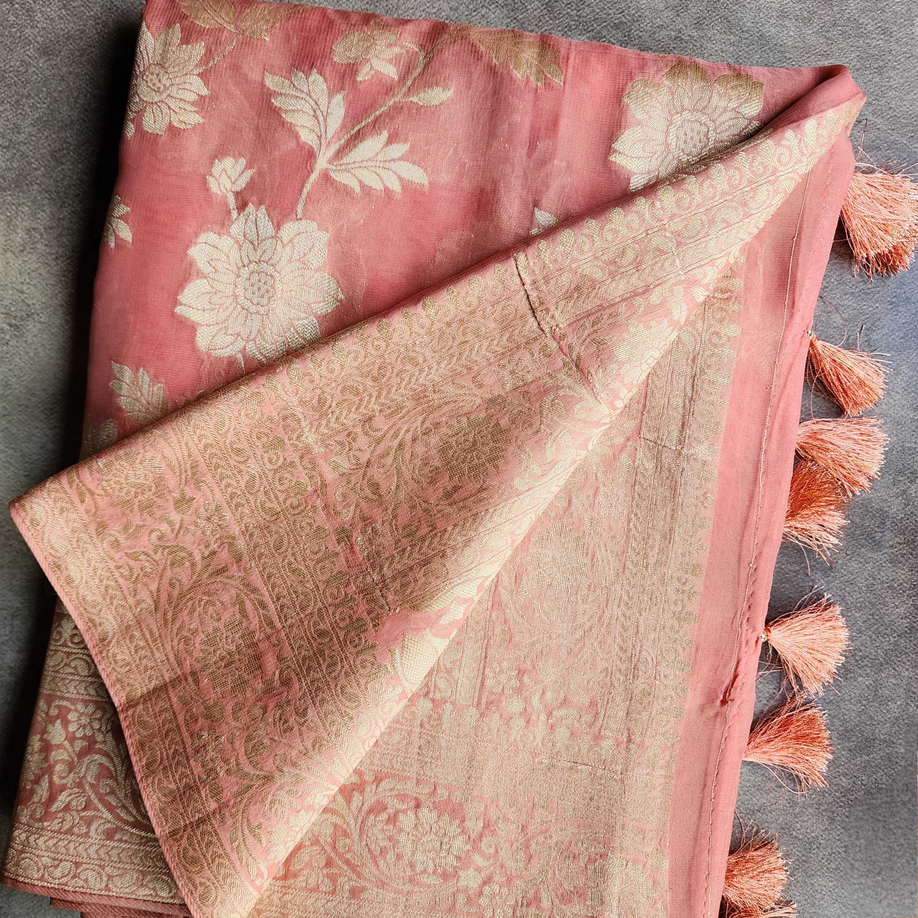 Khaddi Georgette Pure Banarasi Saree in Coral Shade