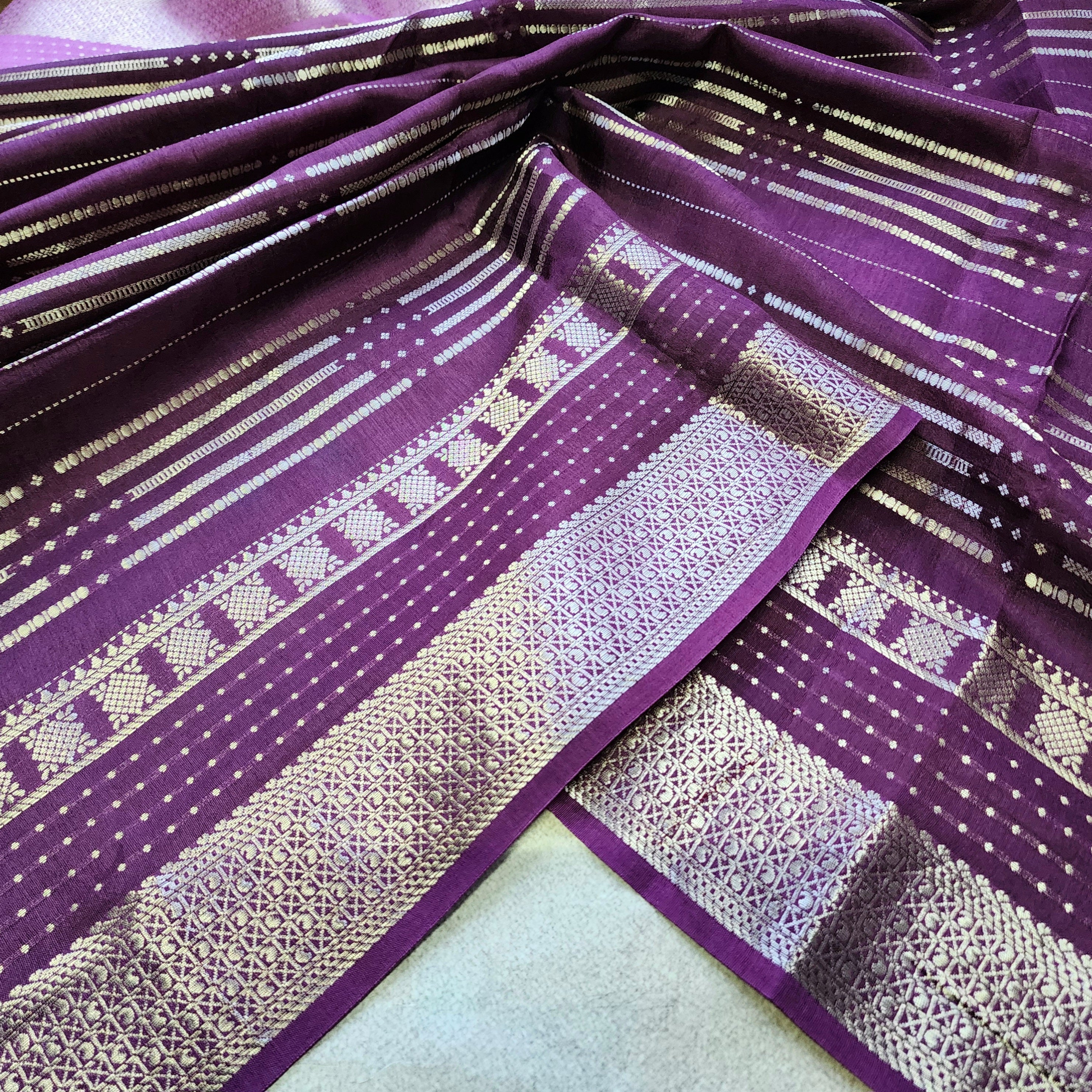 Deep Plum Crepe Georgette Silk Saree with Gold Zari Detailing