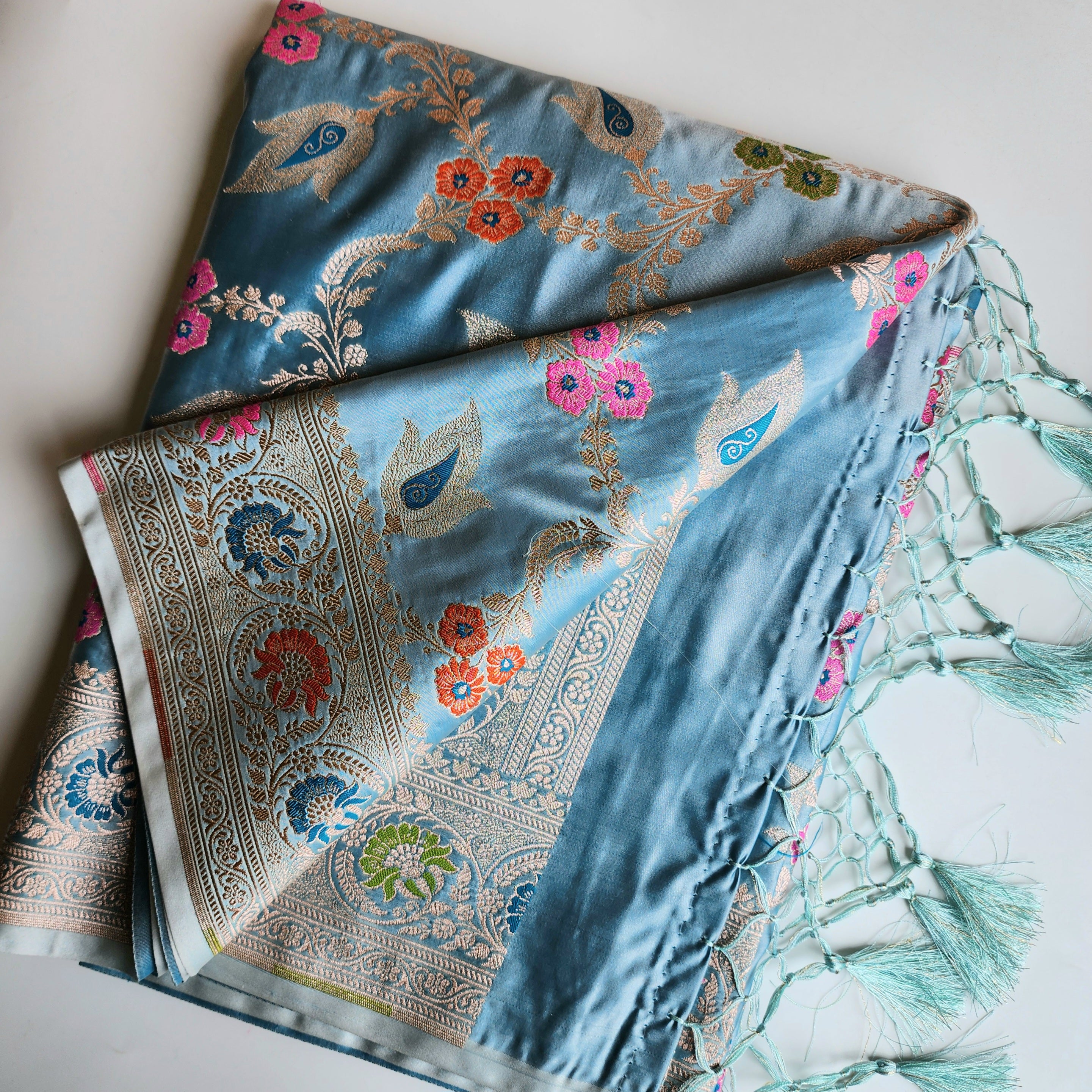 Enriched Powder Blue Banarasi Katan Silk Saree with Multicolor Meenakari Floral Jaal