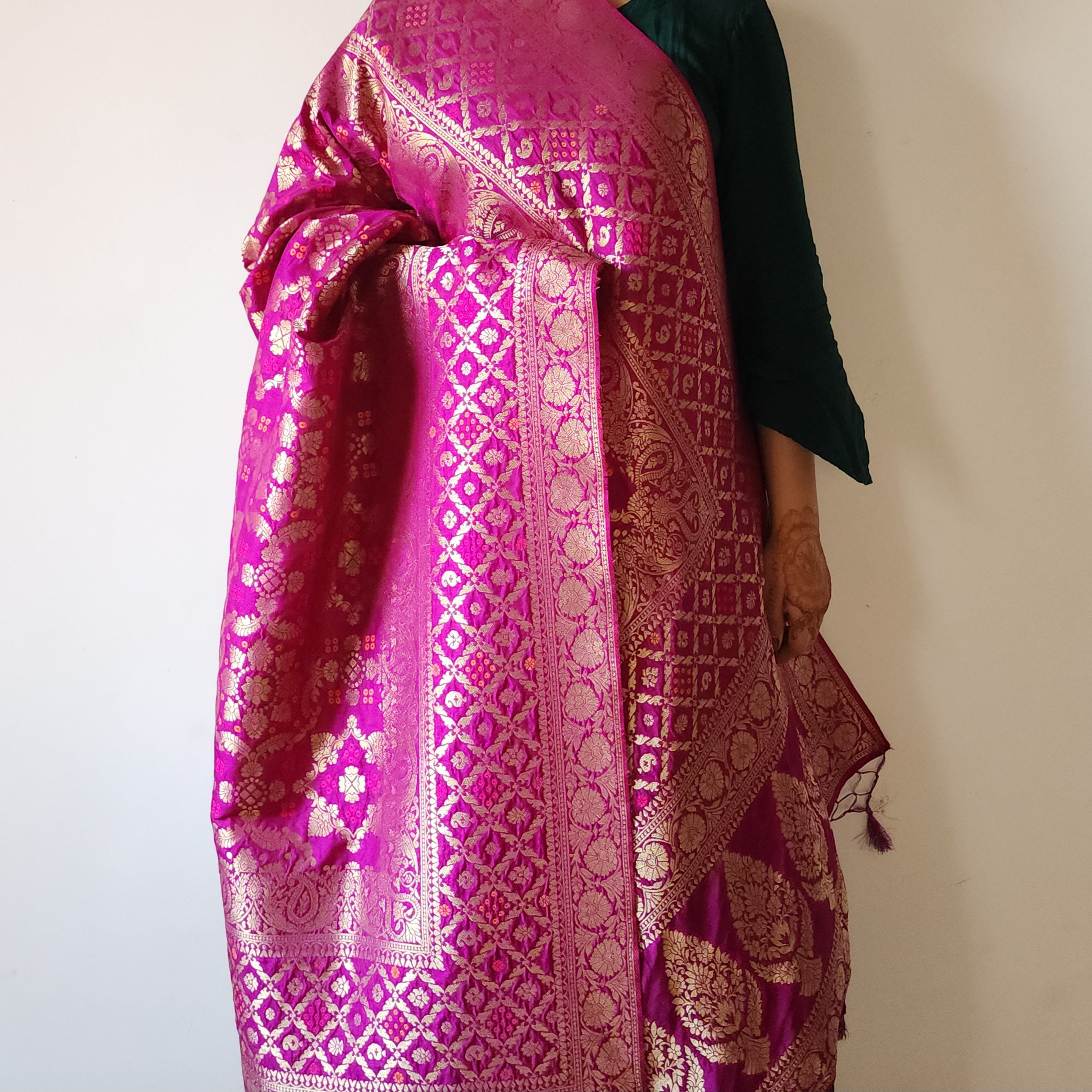 Berry Purple Bandhani Dupatta with Floral and Geometric Zari Weave
