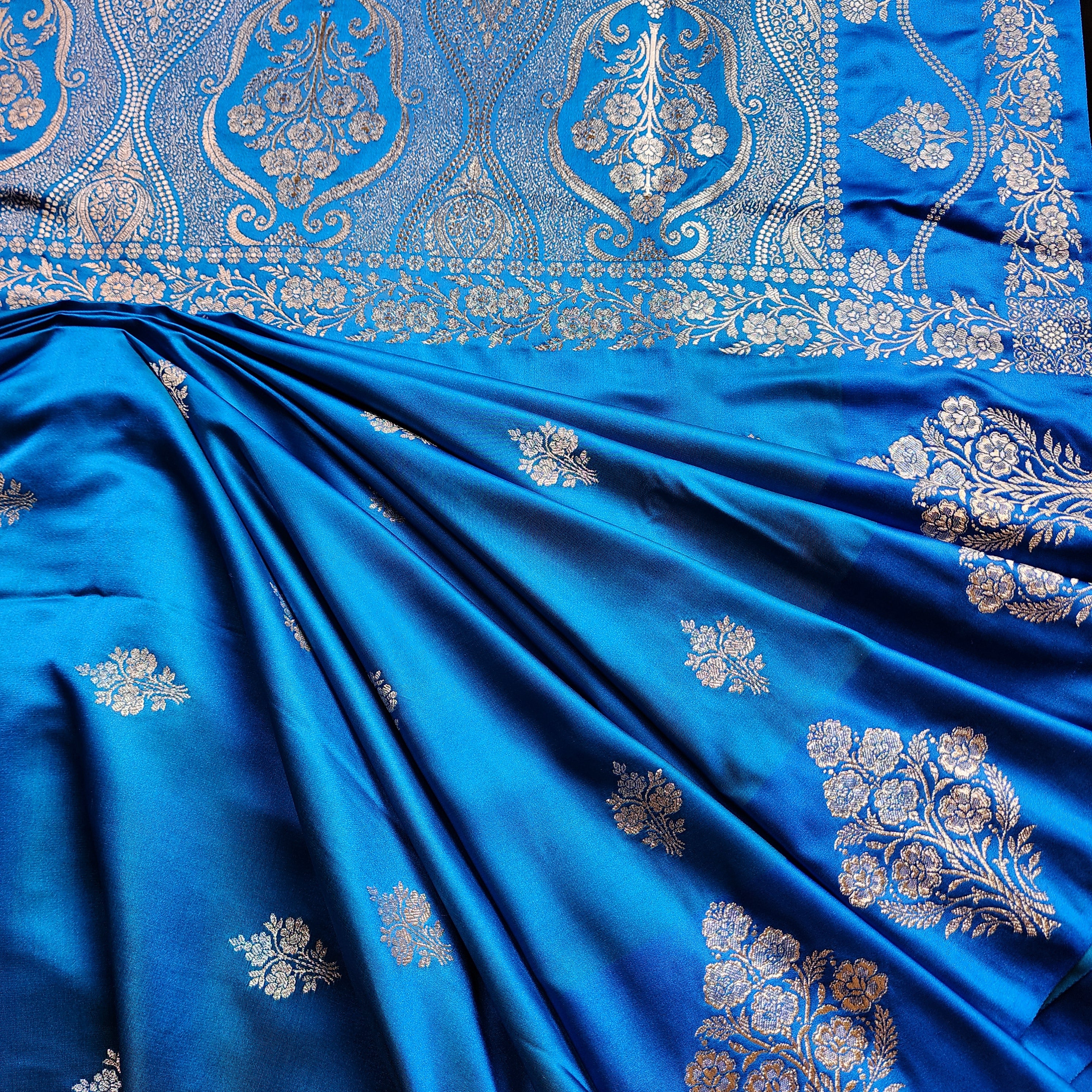 Dual-Tone Shiny Blue Pure Banarasi Katan Silk Saree