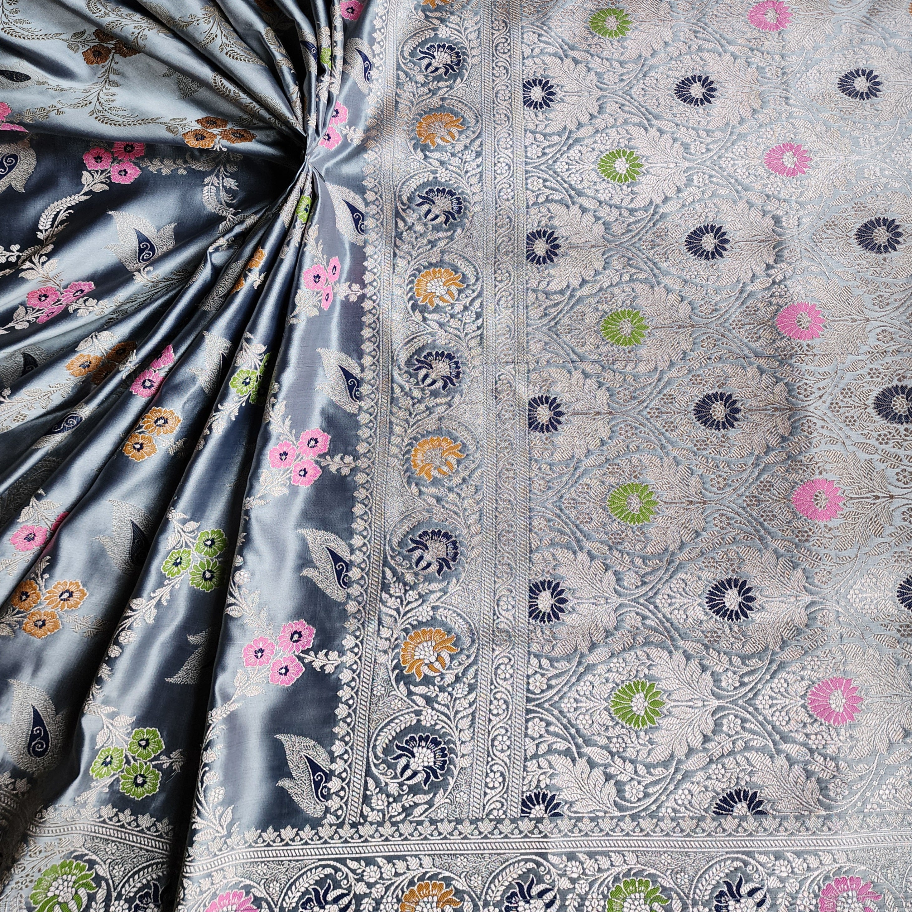 Enriched Dusky Blue Banarasi Katan Silk Saree with Multicolor Meenakari Floral Jaal