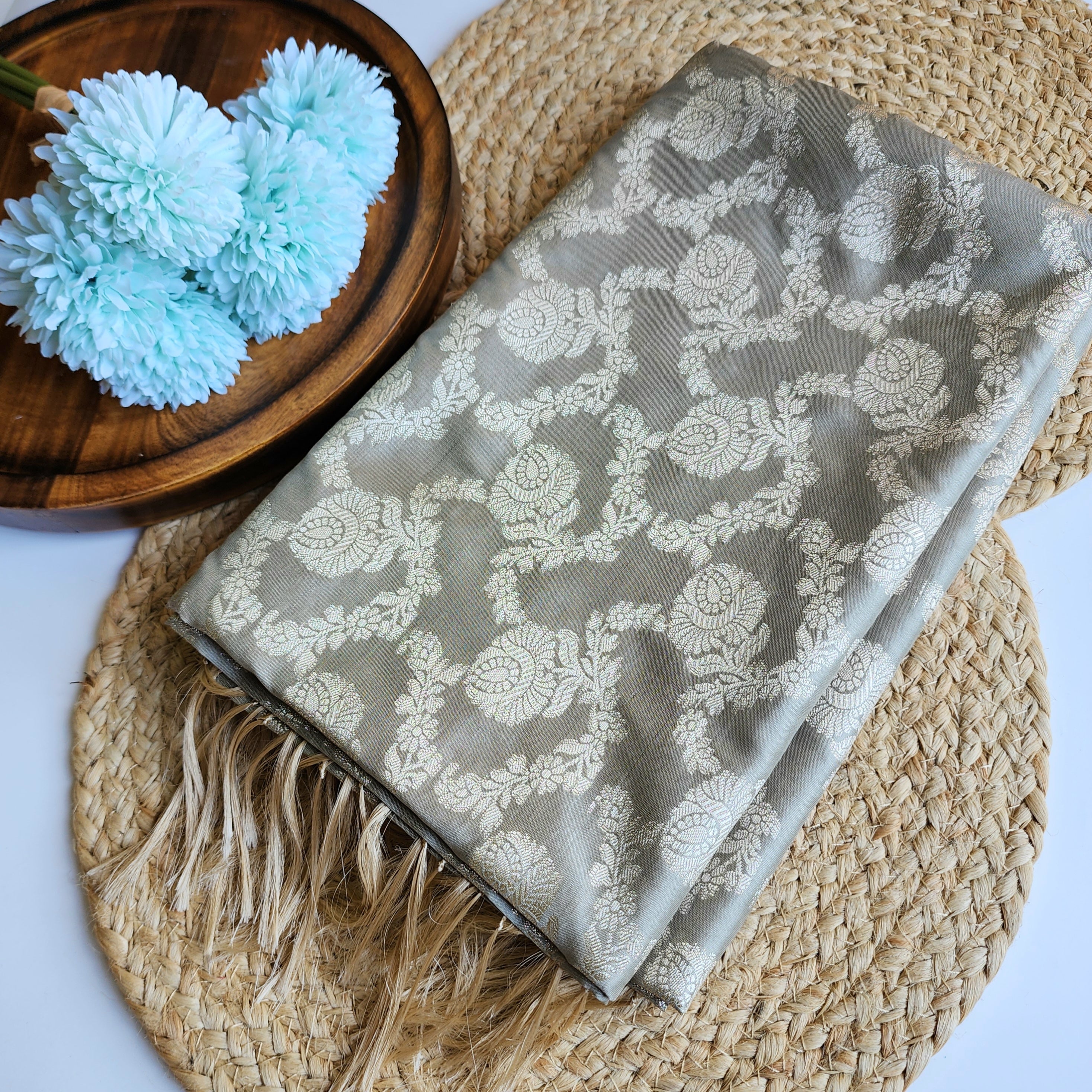 Platinum Grey Floral Jaal Dupatta with Mughal-Inspired Zari Border