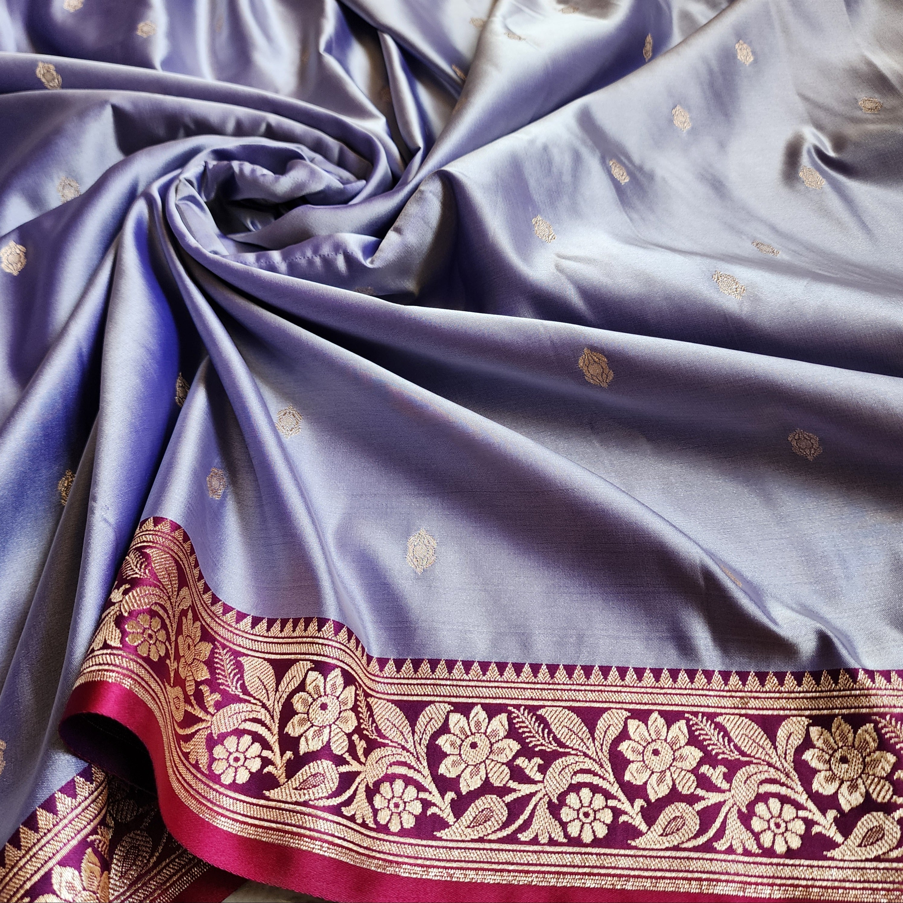 Periwinkle Katan Silk Saree with Magenta and Gold Zari Border